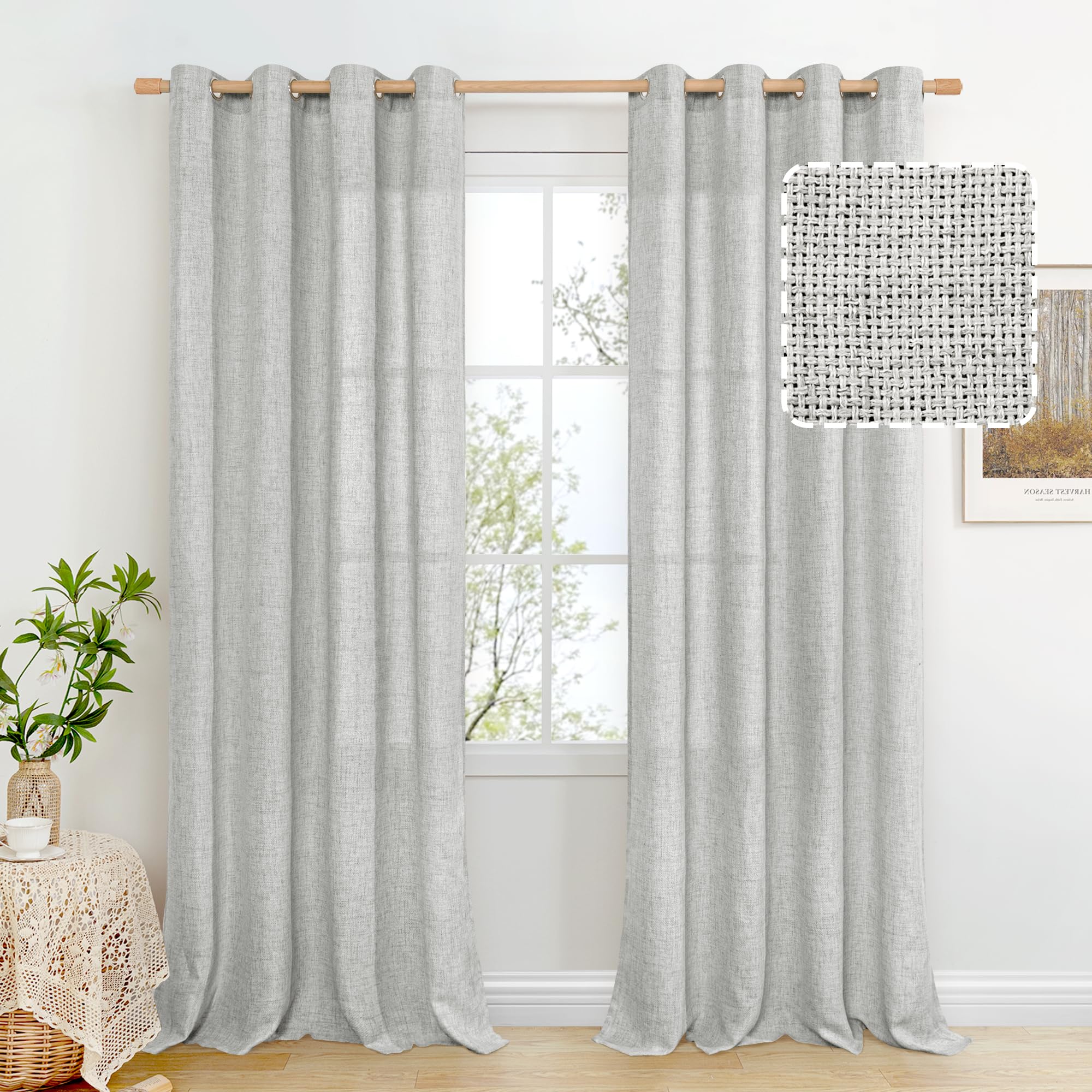 Bgment Grey Linen Curtains For Living Room 108 Inches Length, Light Filtering Privacy Textured Burlap Window Curtains Farmhouse
