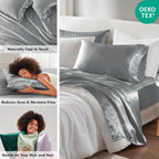 Madison Park Essentials Satin Sheets Split King Size, Luxurious Silky Satin Bed Sheets, Elastic 14' Pocket Fits Up To 16' Mattress, Wrinkle-Free, Soft Satin Bed Sheet Set, Grey 7 Piece