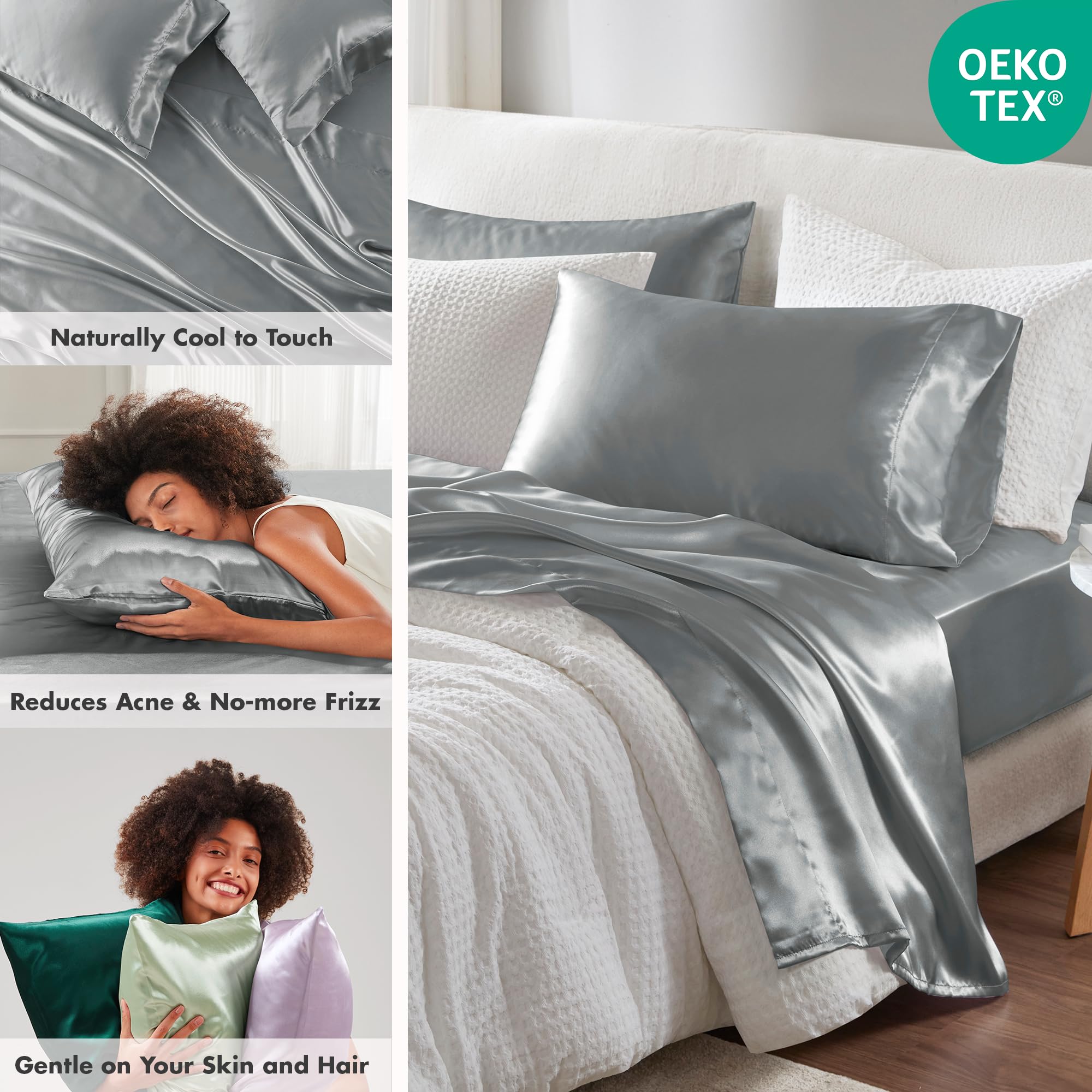 Madison Park Essentials Satin Sheets Split King Size, Luxurious Silky Satin Bed Sheets, Elastic 14' Pocket Fits Up To 16' Mattress, Wrinkle-Free, Soft Satin Bed Sheet Set, Grey 7 Piece