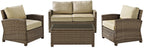 Crosley Furniture Bradenton 4-Piece Outdoor Loveseat Patio Furniture Set, Wicker Conversation Sets for Porch, Brown with Sand Cushions
