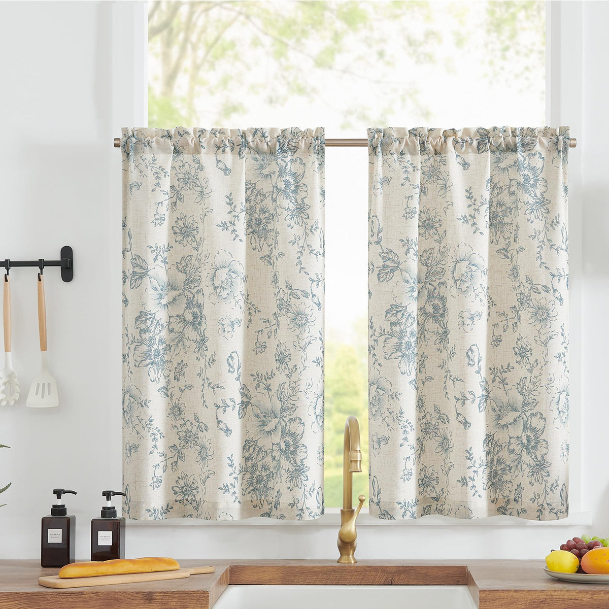 Jinchan Floral Kitchen Curtains Linen Tier Curtains Blue Flower On Beige Cafe Curtains 24 Inch Length Living Room Bedroom Bathro
