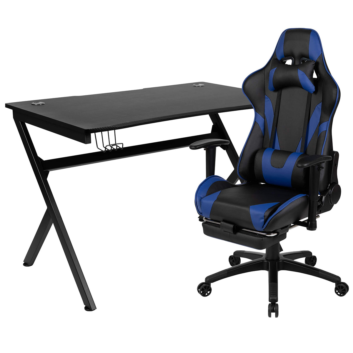 Flash Furniture Optis Black Gaming Desk And Blue Footrest Reclining Gaming Chair Set With Cup Holder, Headphone Hook & 2 Wire Management Holes