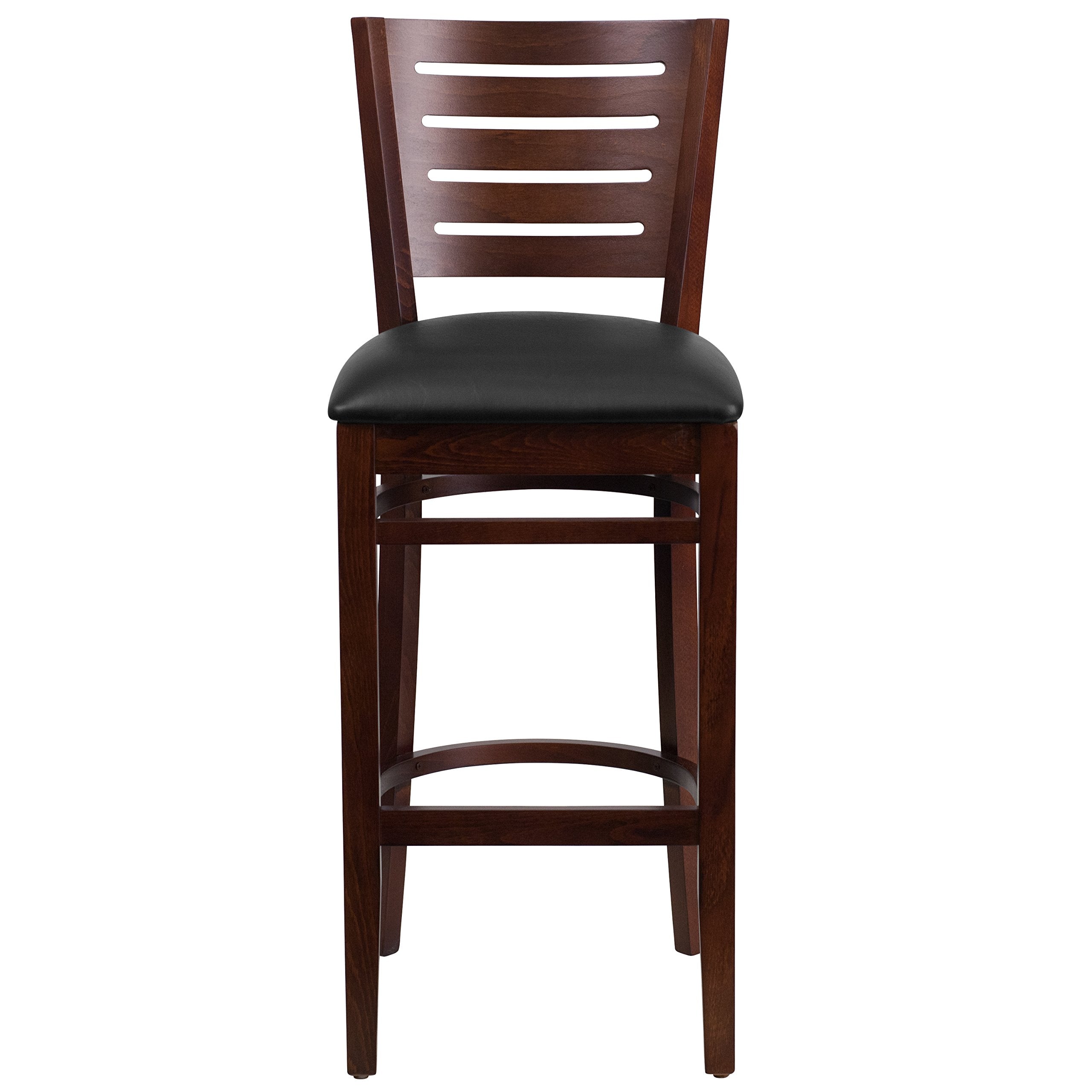 Flash Furniture Darby Series Slat Back Walnut Wood Restaurant Barstool - Black Vinyl Seat