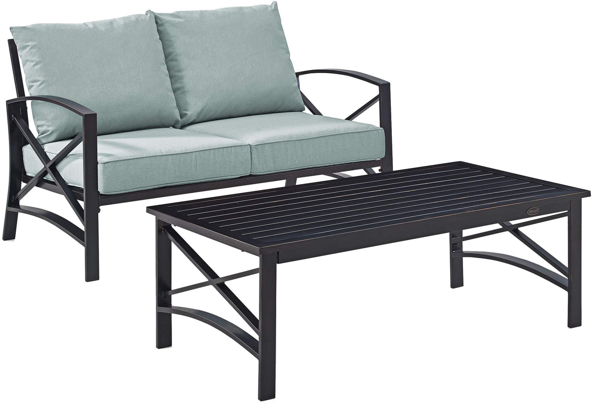 Crosley Furniture Kaplan 2-Piece Outdoor Coffee Table and Loveseat Patio Furniture Set for Porch, Deck, Oiled Bronze with Mist Cushions