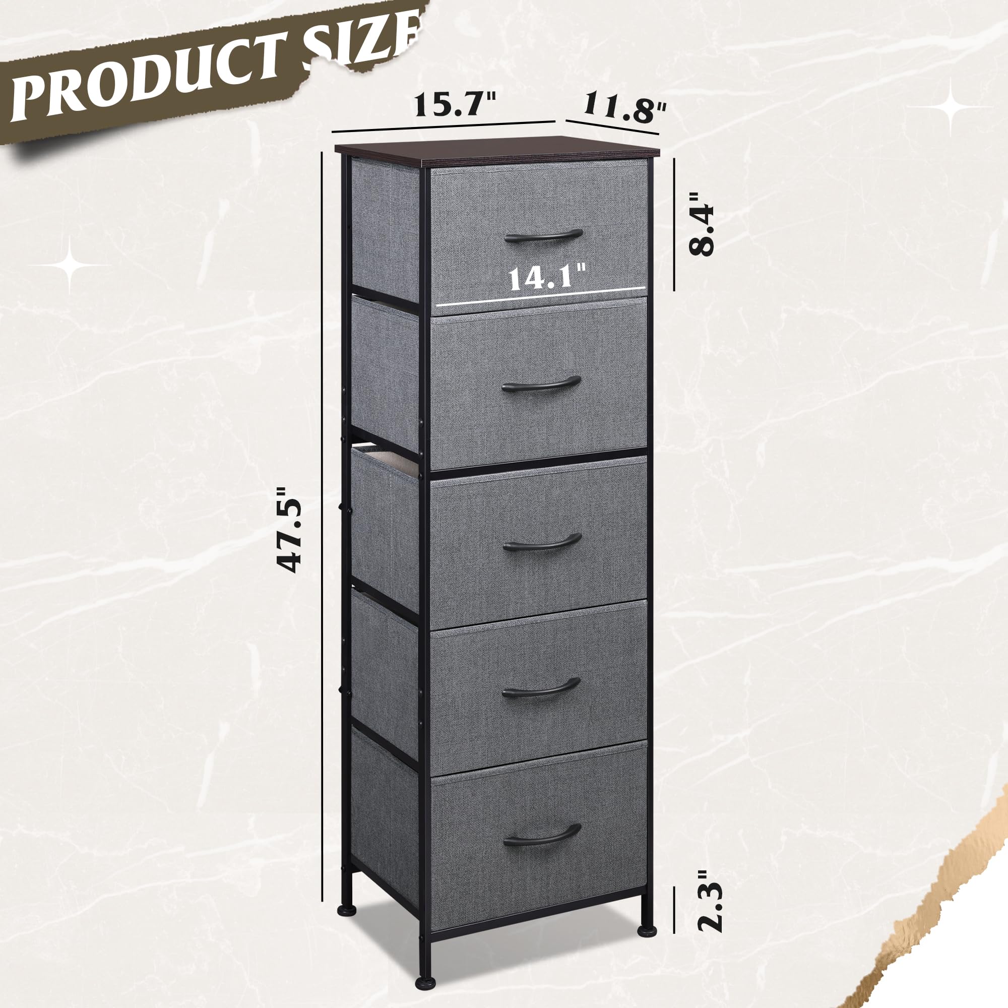 Wlive Fabric Dresser, 5-Drawer Tall Dresser For Bedroom, Storage Dresser Organizer With Fabric Bins, Wood Top, Sturdy Steel Frame, Chest Of Drawers For Closet, Hallway, Dark Grey