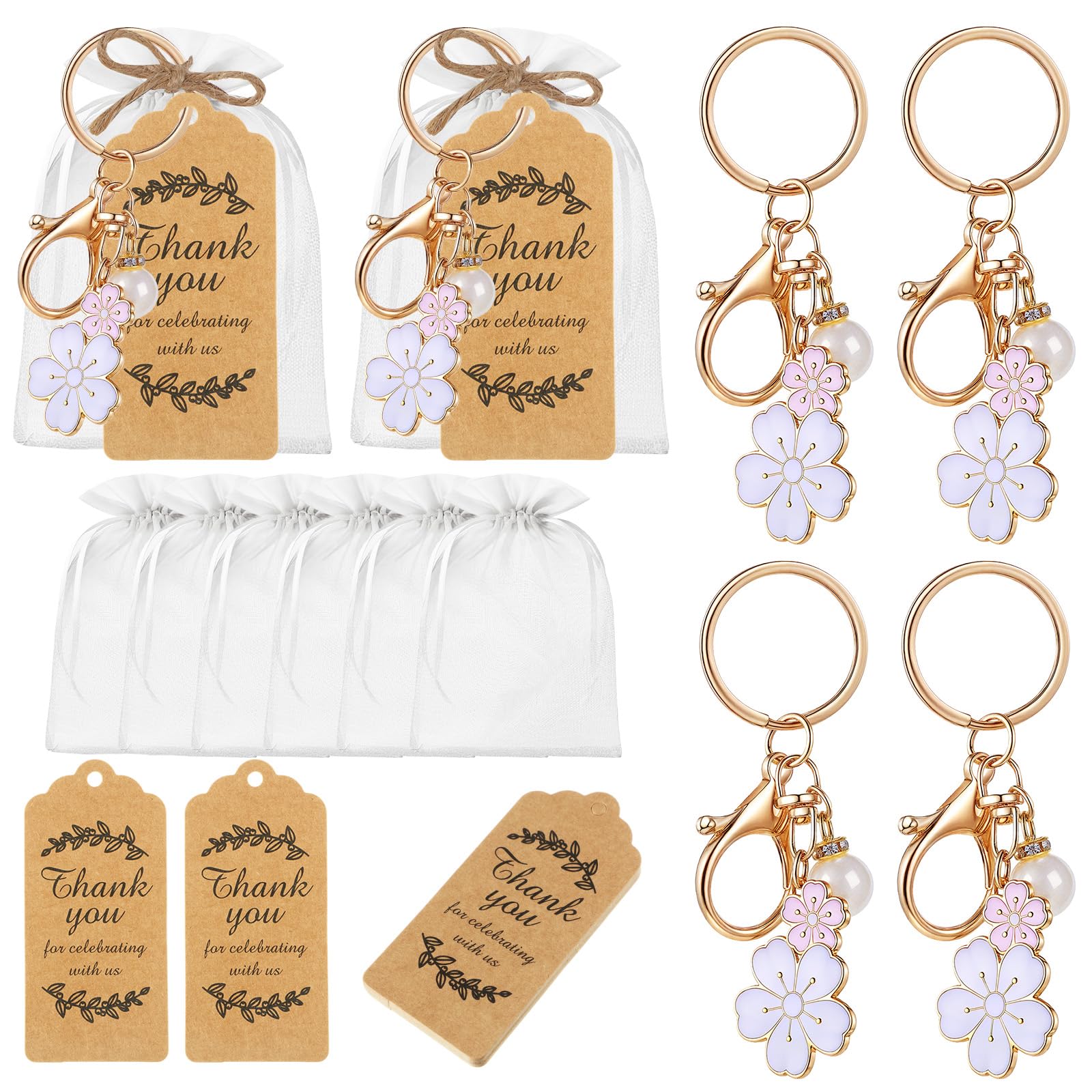 Ecation 20 Set Flower Keychain Party Favor Bulk Keyring Charm for Guest Baptism Bridal Shower Valentine Wedding Gift(White,Cherr