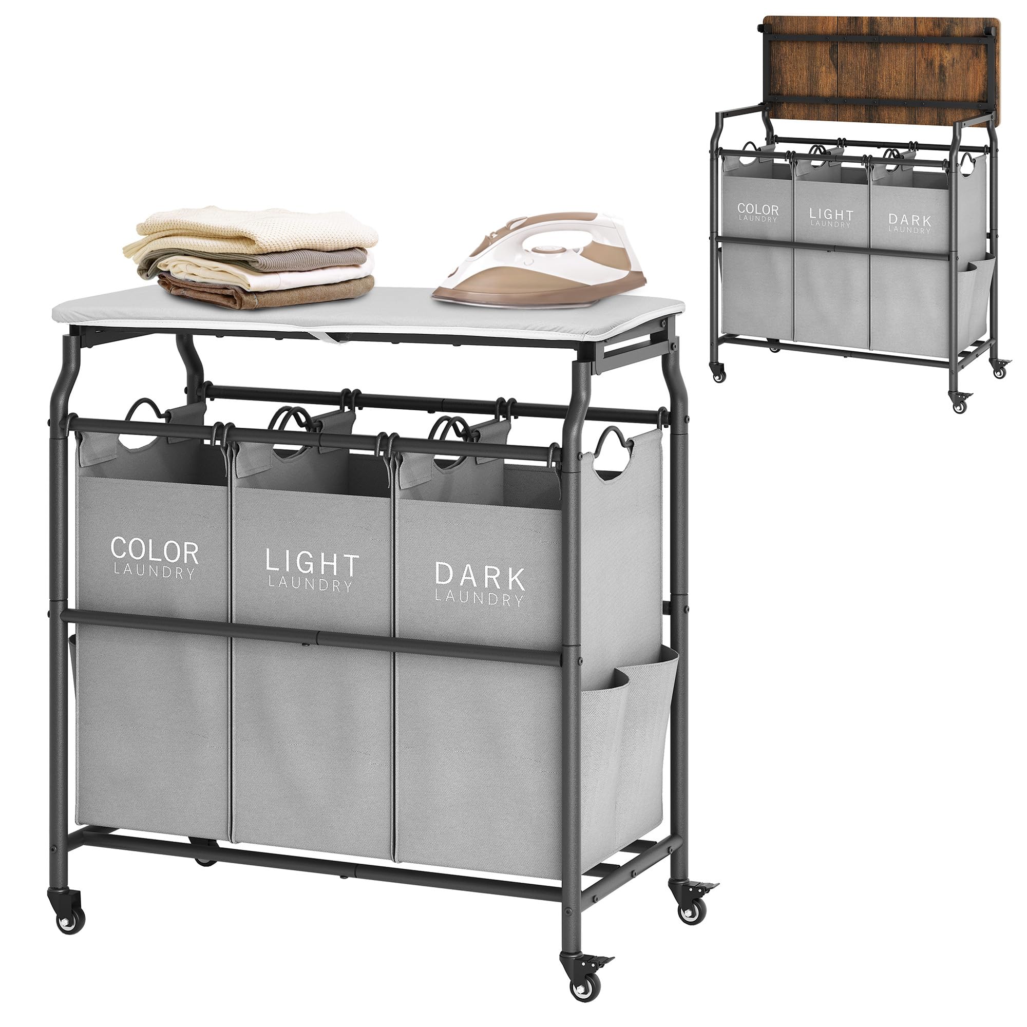 Hoctieon 3 Section Laundry Sorter Cart with Ironing Board, Laundry Hamper with Shelf and Rolling Wheels, Heavy Duty Laundry Bask