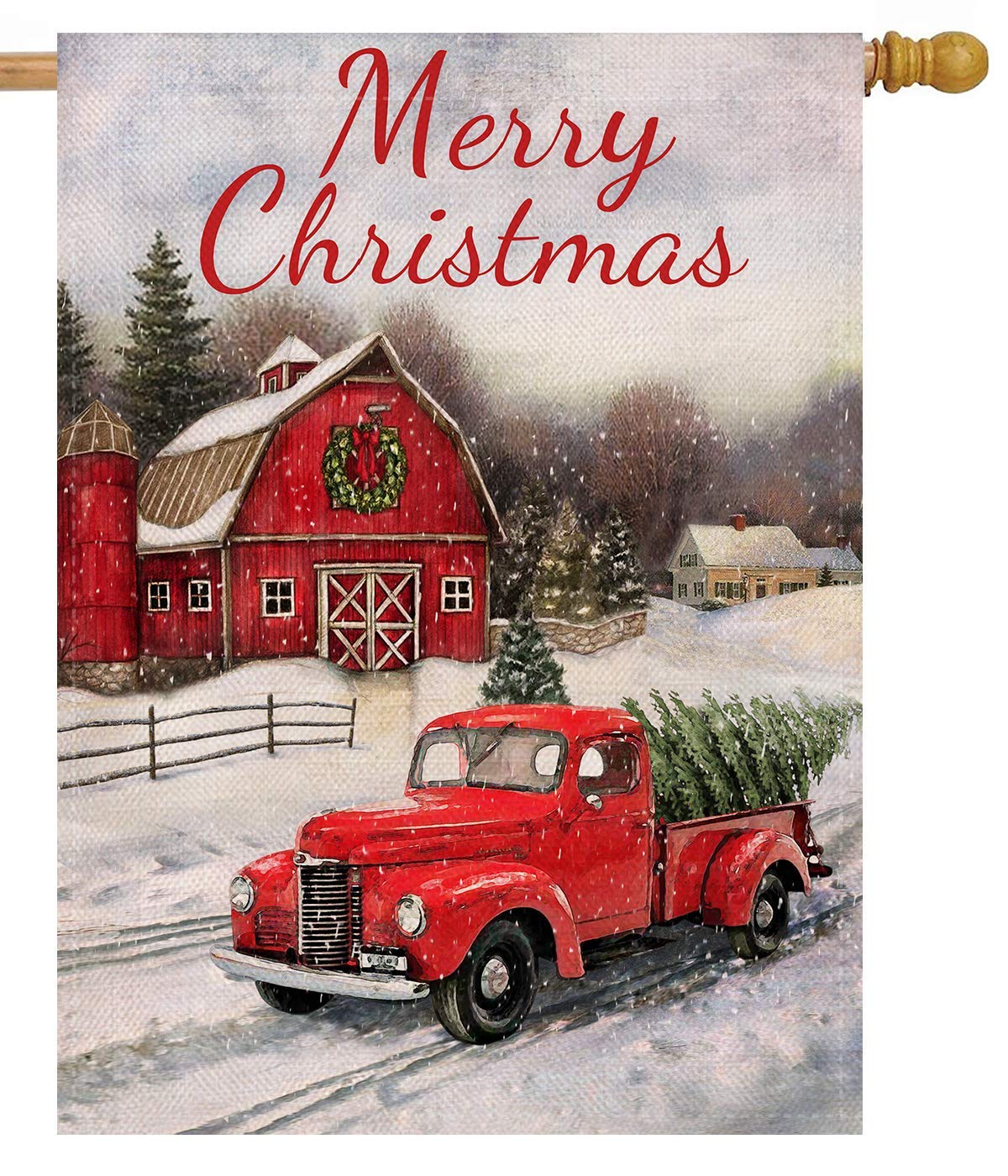 Selmad Merry Christmas 28 X 40 House Flag Red Truck Double Sided, Winter Farmhouse Rustic Quote Burlap Garden Yard Xmas Pickup D
