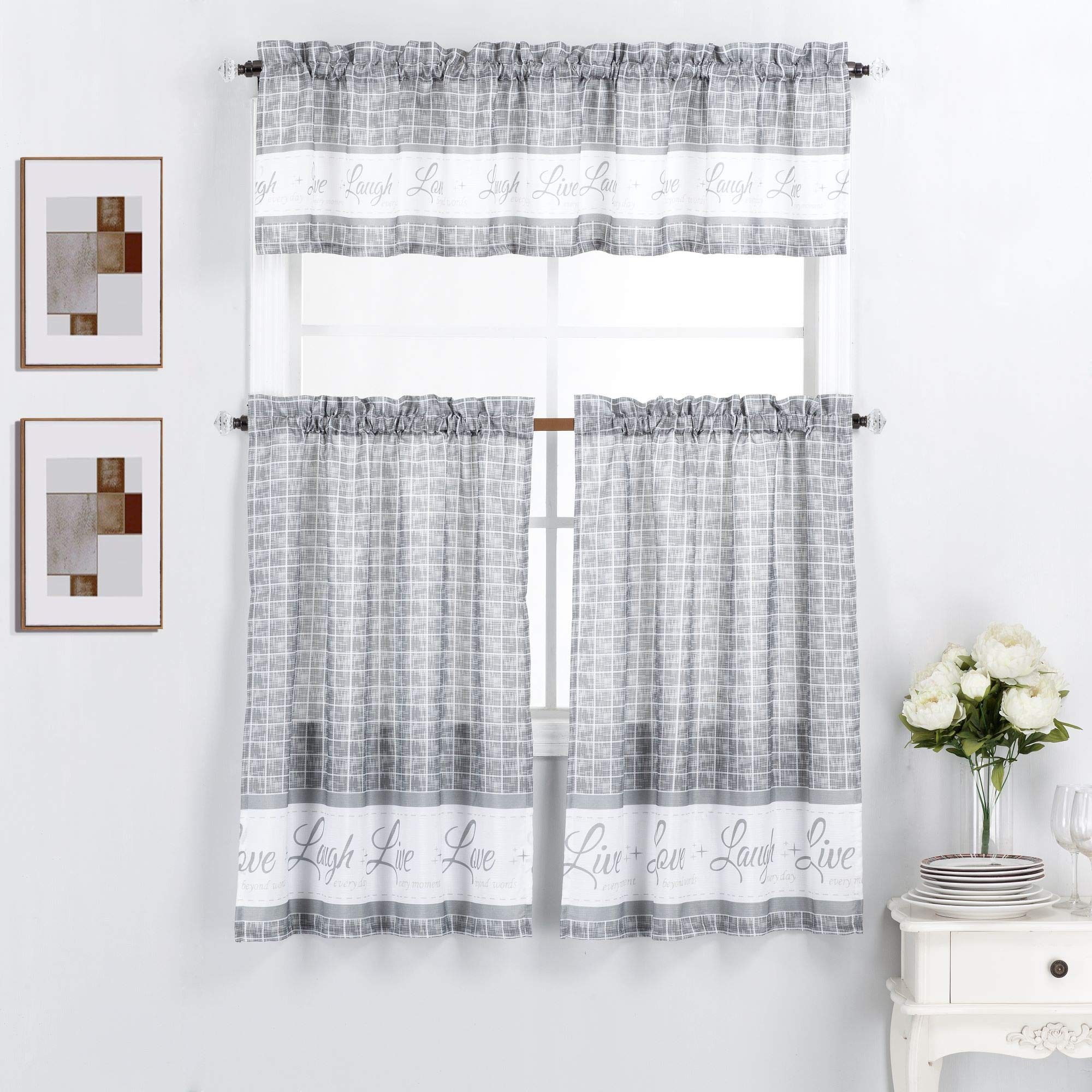 Interior Trends 3 Piece Kitchen Window Curtain Panel Tiers And Valance Set (36' Tiers Set, Live Love Laugh Gray)