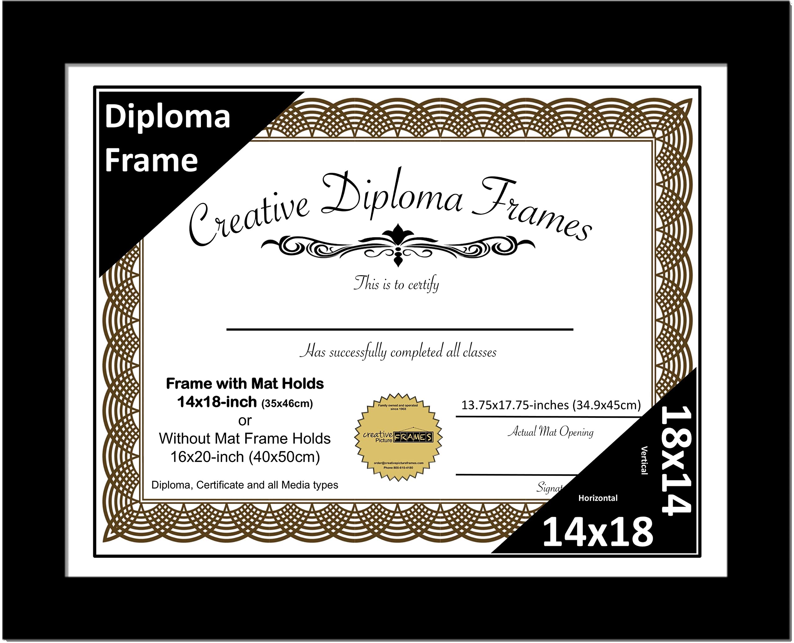 Creative Picture Frames 14x18 Classic Black Diploma Frame with White Mat Glass Easel and Installed Wall Hangers | Frame Holds 16