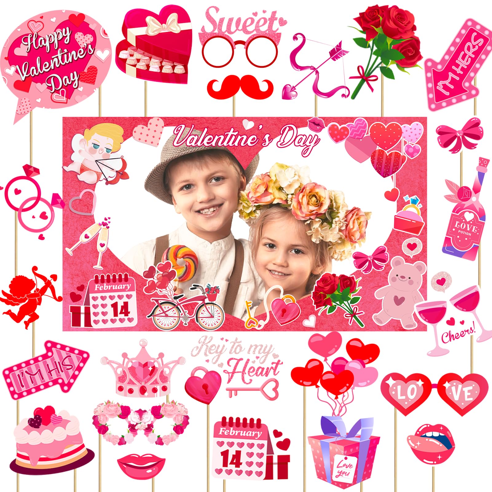Valentine's Day Photo Booth Props - 1 Pcs Large Size Valentines Photo Props Frame and 23 Pcs Happy Lovers Selfie Photo Booth Pro