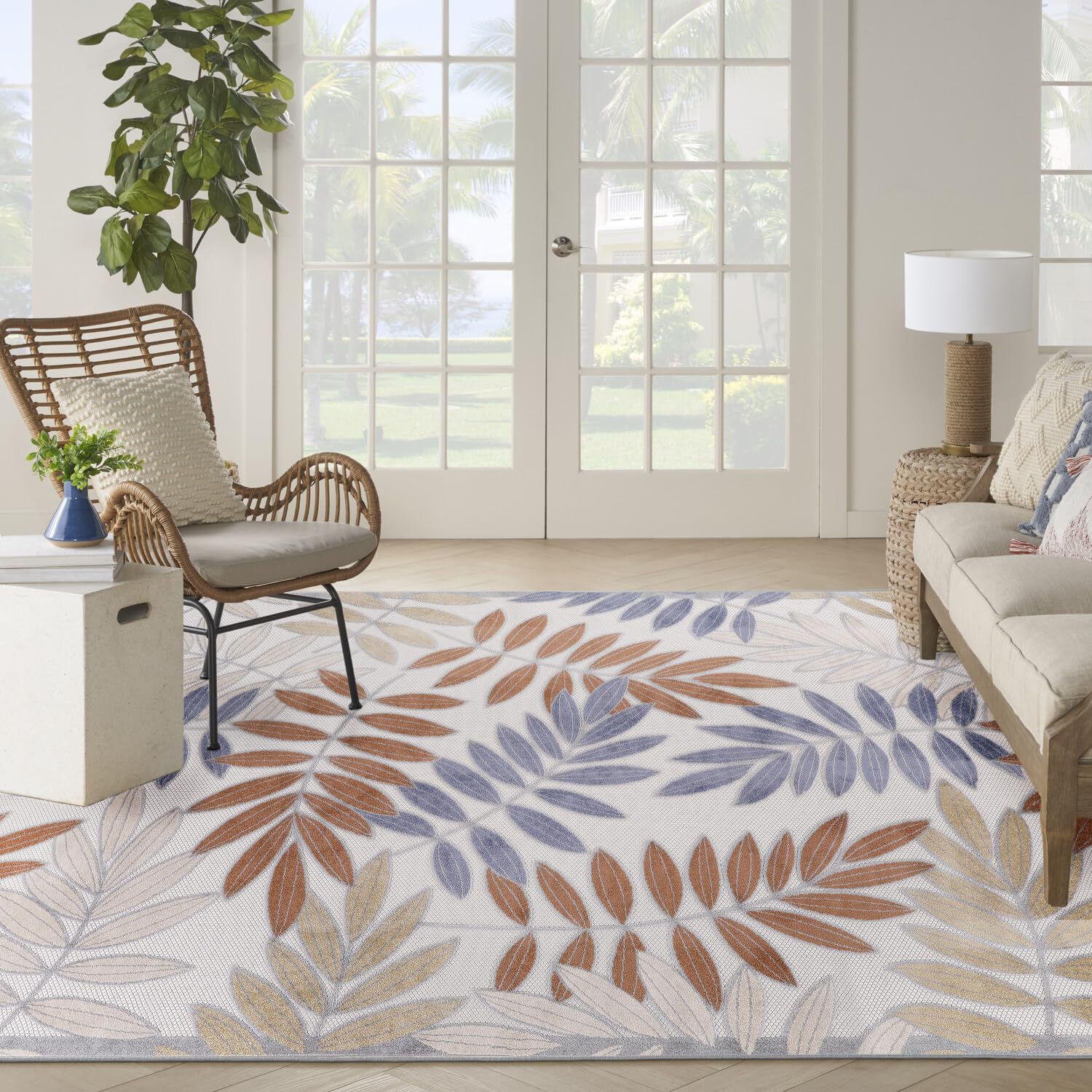 Nourison Aloha Indoor/Outdoor Blue Mocha 7'10' X 10'6' Area Rug, Easy Cleaning, Non Shedding, Bed Room, Living Room, Dining Room, Backyard, Deck, Patio (8X11)