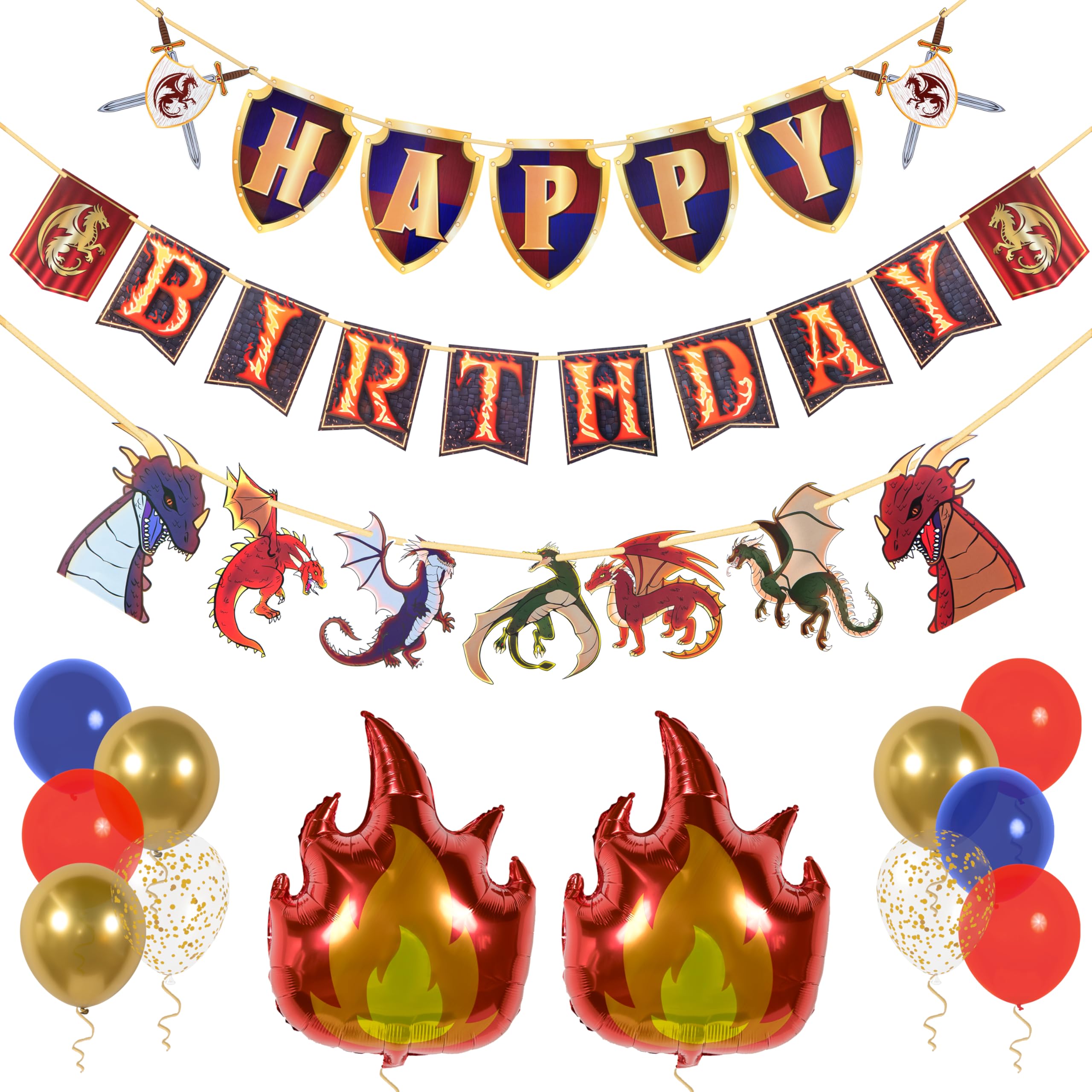 Pirese Dragon Birthday Banner & Decorations - Happy Birthday Banner with Flame Balloons, Confetti & Latex Balloons - Dragon Part