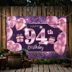 PAKBOOM 94th Birthday Banner Backdrop - Pink Purple Gold 4 x 6ft Polyester