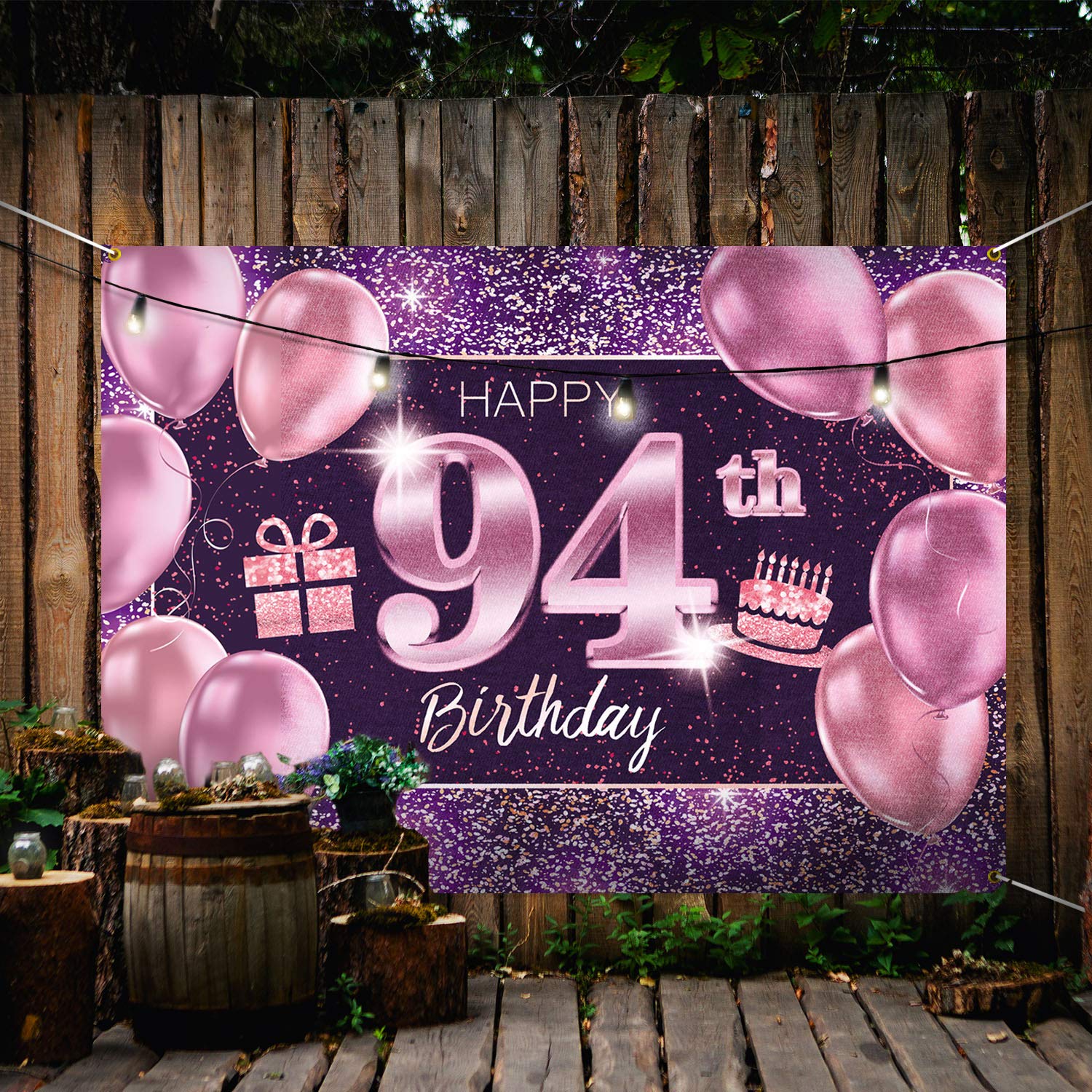 PAKBOOM 94th Birthday Banner Backdrop - Pink Purple Gold 4 x 6ft Polyester