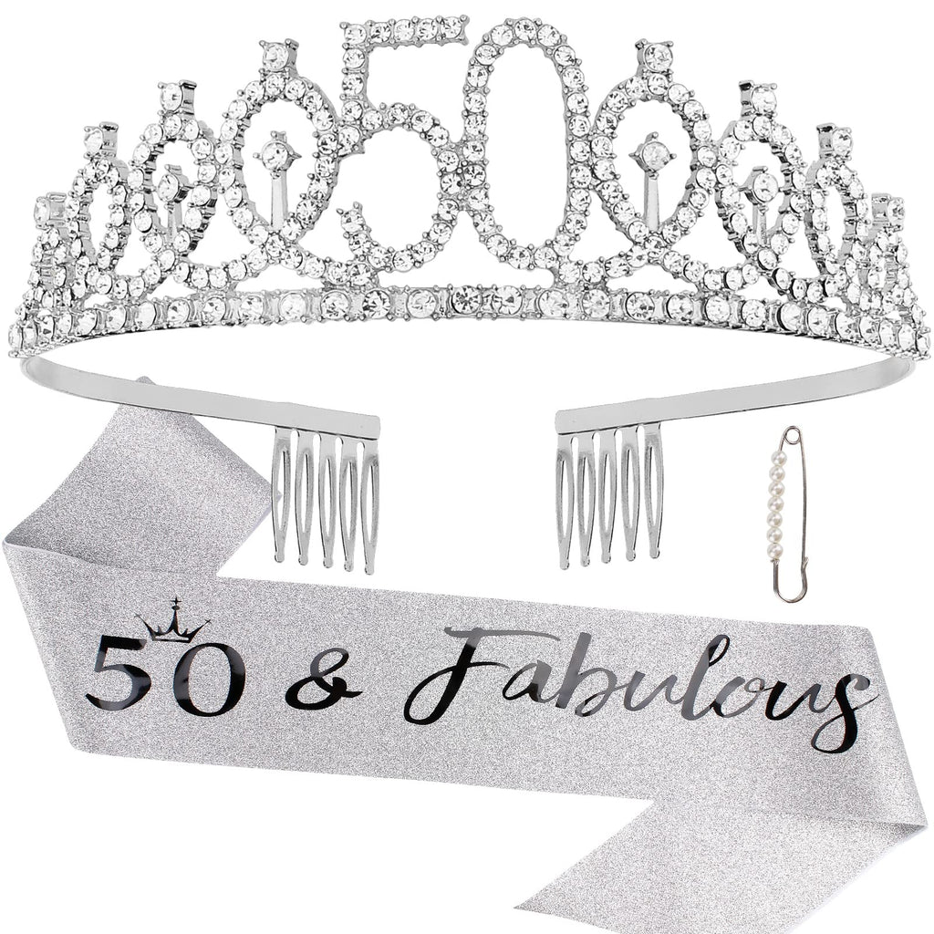 '50 & Fabulous'' Birthday Tiara and Sash Kit- 50th Birthday Gifts for Women 50th Birthday Party Decorations (silver)