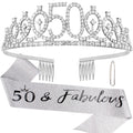 '50 & Fabulous'' Birthday Tiara and Sash Kit- 50th Birthday Gifts for Women 50th Birthday Party Decorations (silver)
