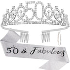 '50 & Fabulous'' Birthday Tiara and Sash Kit- 50th Birthday Gifts for Women 50th Birthday Party Decorations (silver)