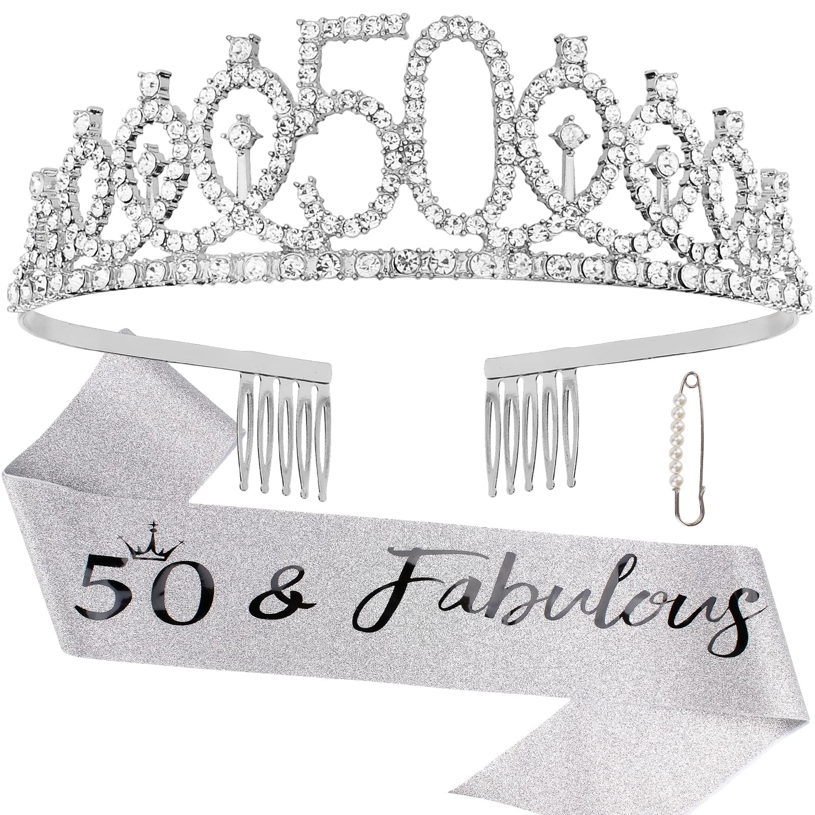 '50 & Fabulous'' Birthday Tiara and Sash Kit- 50th Birthday Gifts for Women 50th Birthday Party Decorations (silver)