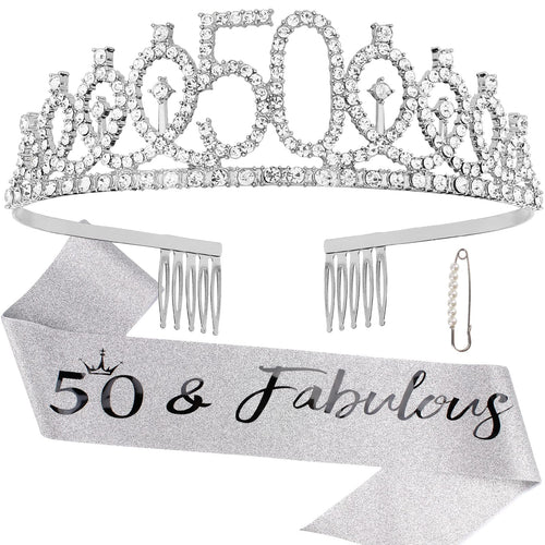 '50 & Fabulous'' Birthday Tiara and Sash Kit- 50th Birthday Gifts for Women 50th Birthday Party Decorations (silver)