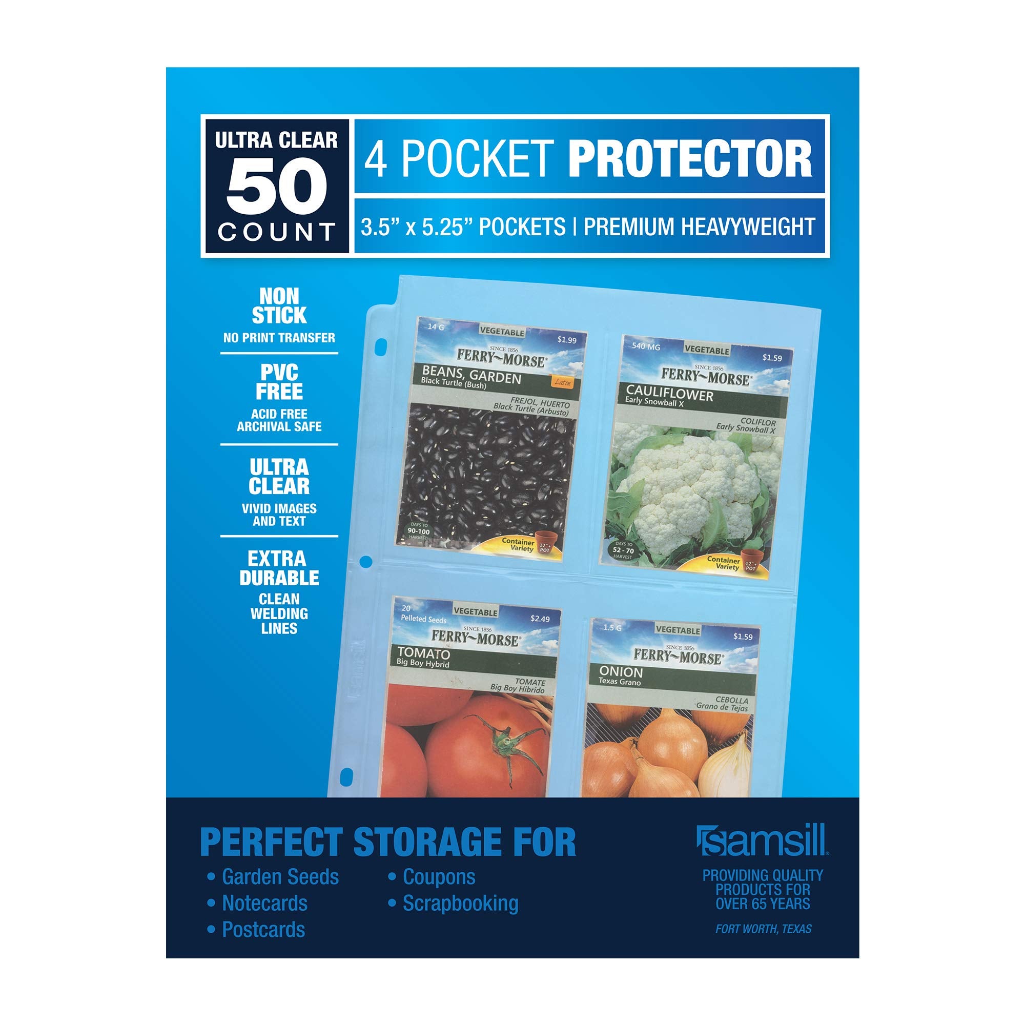 Samsill 50 Pack Heavy Weight 4 Pocket Garden Seeds Storage Clear Sheet Protectors, Seed Organizer, Each Pocket Measures 3.5' X
