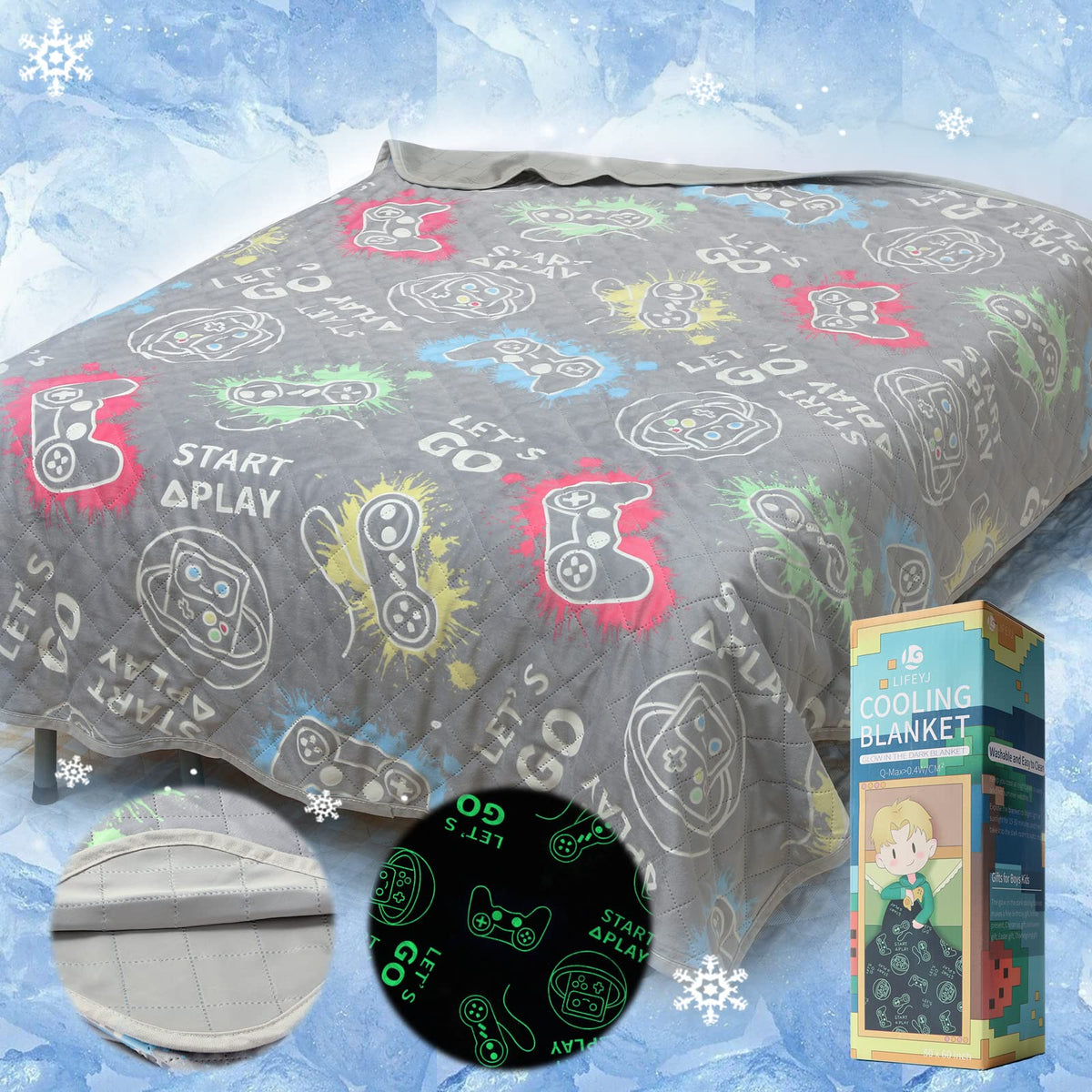 Lifeyj Cooling Blankets For Hot Sleepers, Glow In The Dark Blanket Game Controller Gifts For Boys,Q-Max >0.4 Cool Blanket 3 4 5