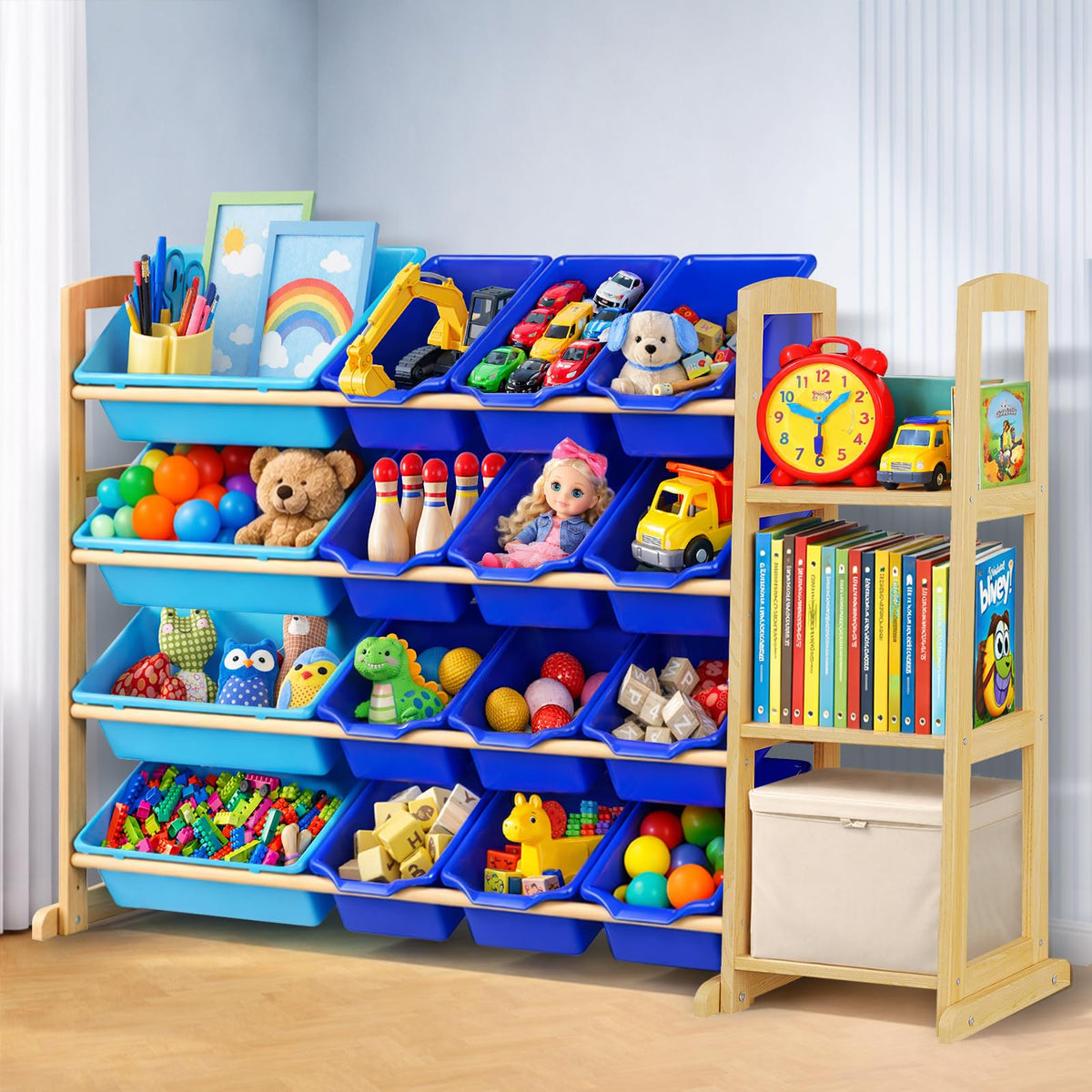 Etitlly Kids Toy Storage Organizer with Bookshelf  Wooden Shelf with 16 Bins & 3 Shelves, Quick Assembly Storage Rack for Playr