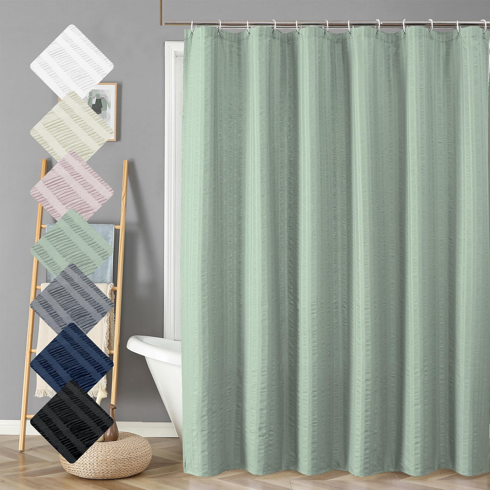 Aiyufeng Moga Sage Green Shower Curtain 84 Inches Long, 3D Embossed Textured Fabric Shower Curtain For Bathroom - Soft Cloth & H