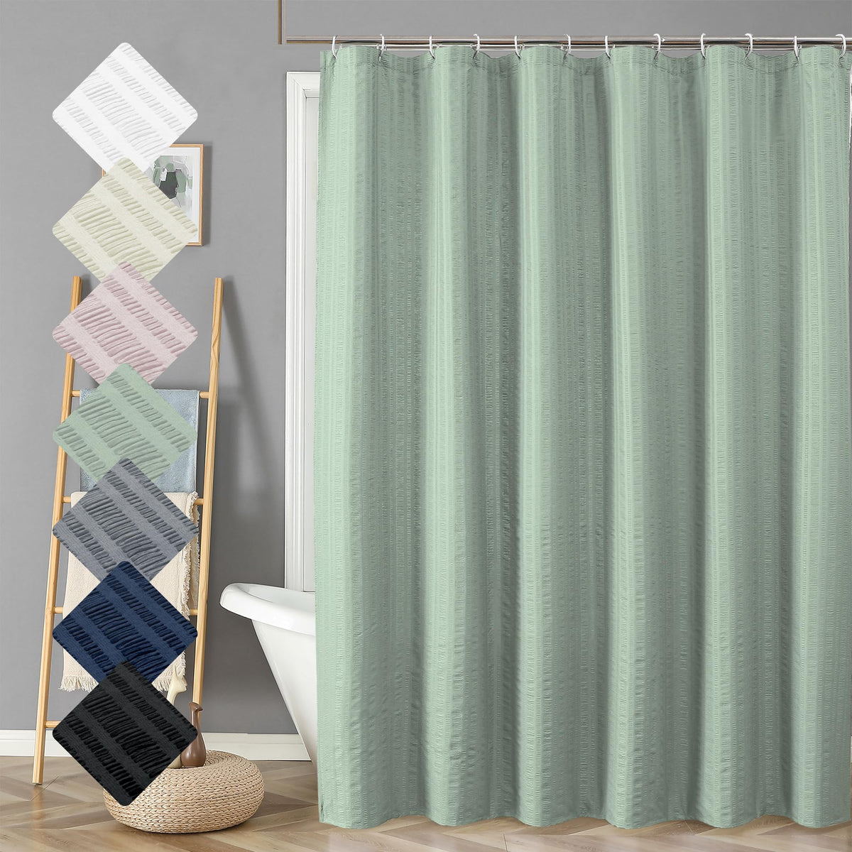 Aiyufeng Moga Sage Green Shower Curtain 84 Inches Long, 3D Embossed Textured Fabric Shower Curtain For Bathroom - Soft Cloth & H