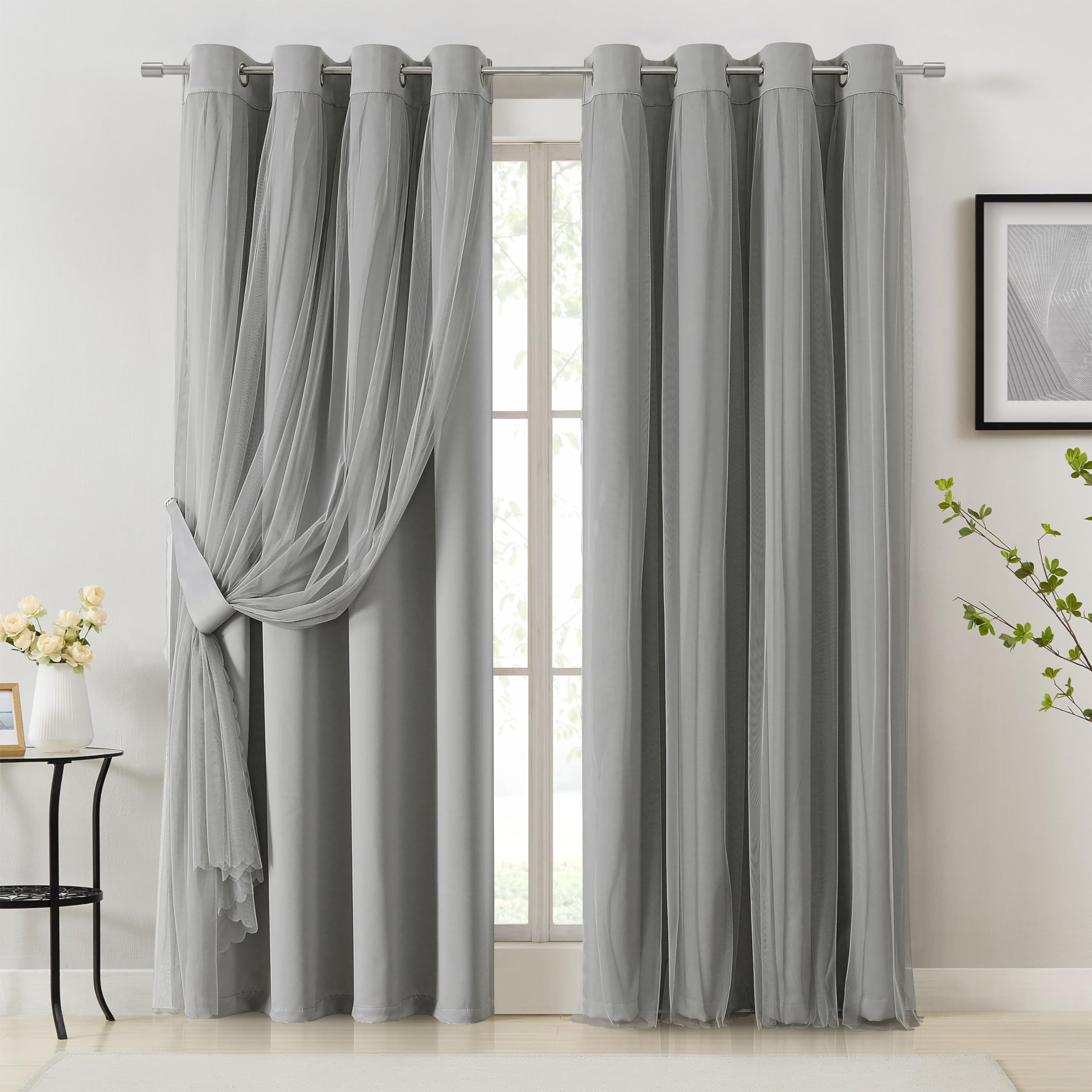 Bujasso Grey Blackout Curtains With Sheer Overlay Mix And Match Double Layer Window Curtains Thermal Insulated 84 Inch For Livin