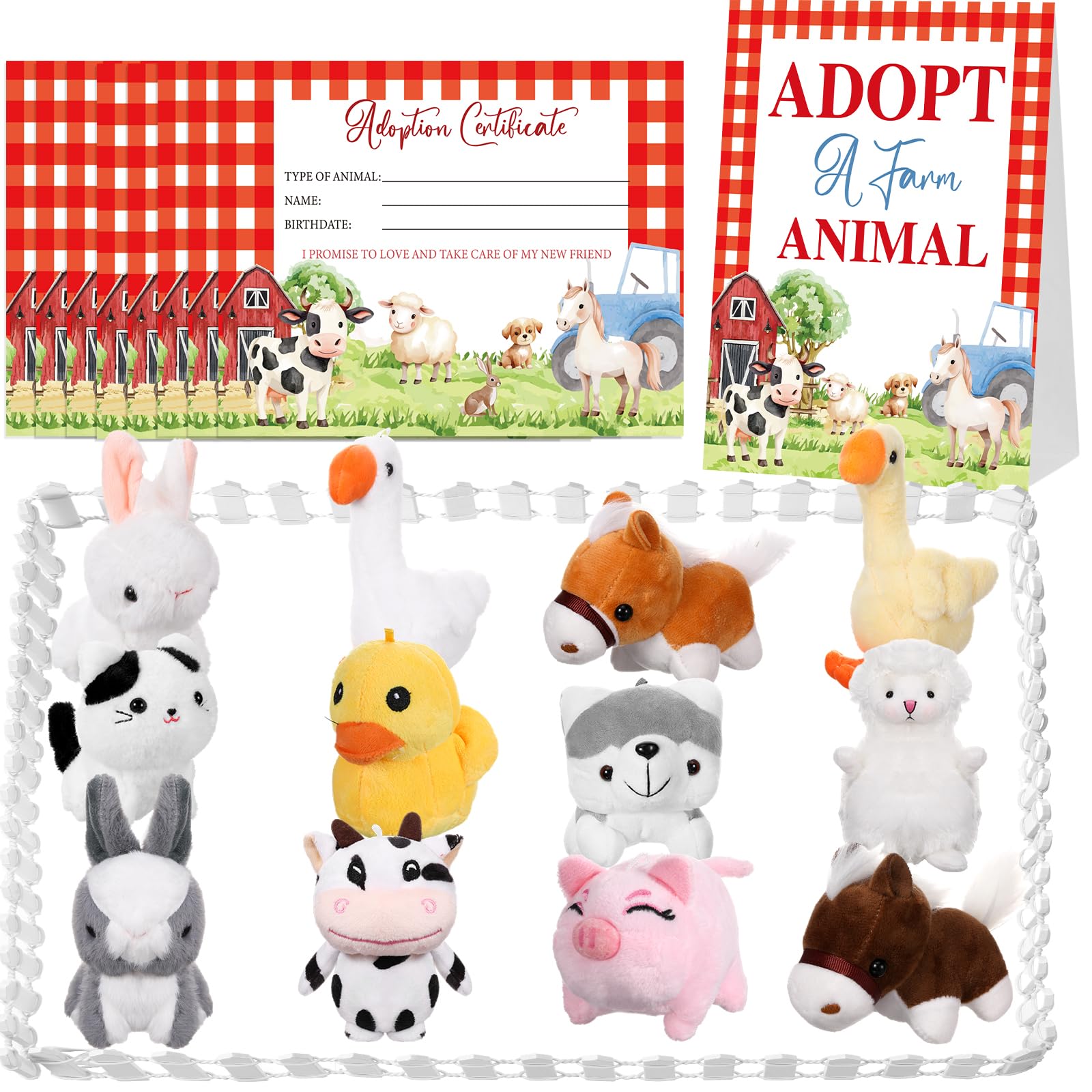 Cinnvoice 34 Pcs Farm Animal Adoption Party Favors Include 16 Mini Farm Animals 16 Adoption Certificate Card 1 Adopt Sign 1 Whit