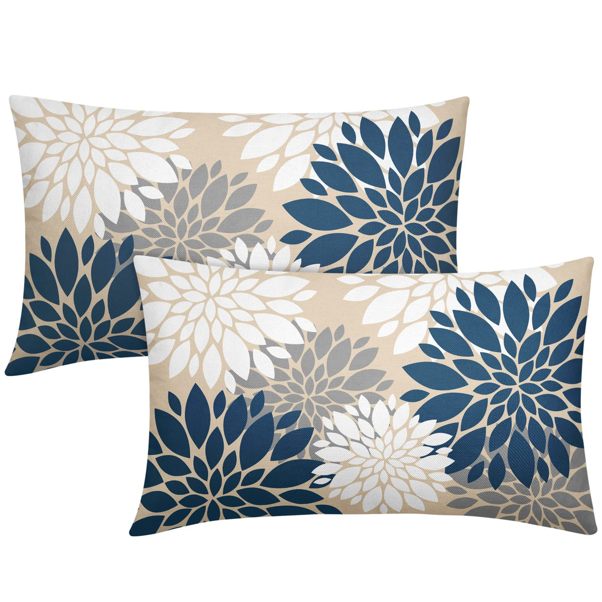 Blue White Grey Gray Pillow Covers 12X20 Inch Set Of 2, Summer Modern Dahlia Floral Print Decorative Rectangle Throw Pillow Cove
