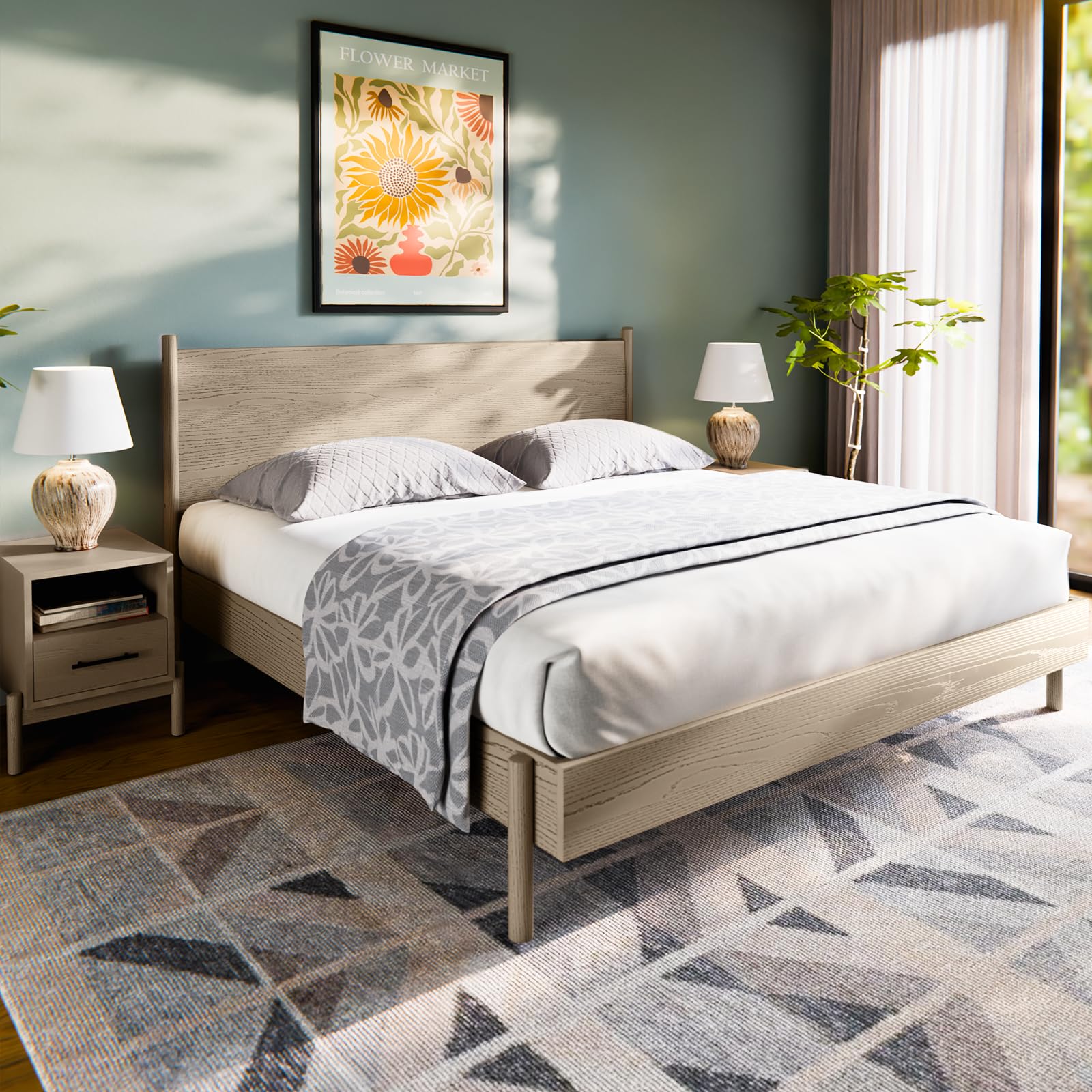 Bme Lyra King Size Bed Frame With Headboard, 15 Inch Mid Century Modern Style, Solid Wood, No Box Spring Needed, Wood Slat Support, Easy Assembly, Scandinavian Platform Bed Frame, Scandinavian Oak