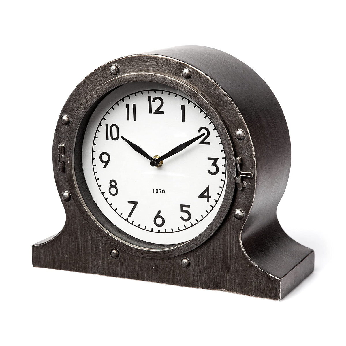 HomeRoots Rustic Brown Metal Porthole Desk Table Clock