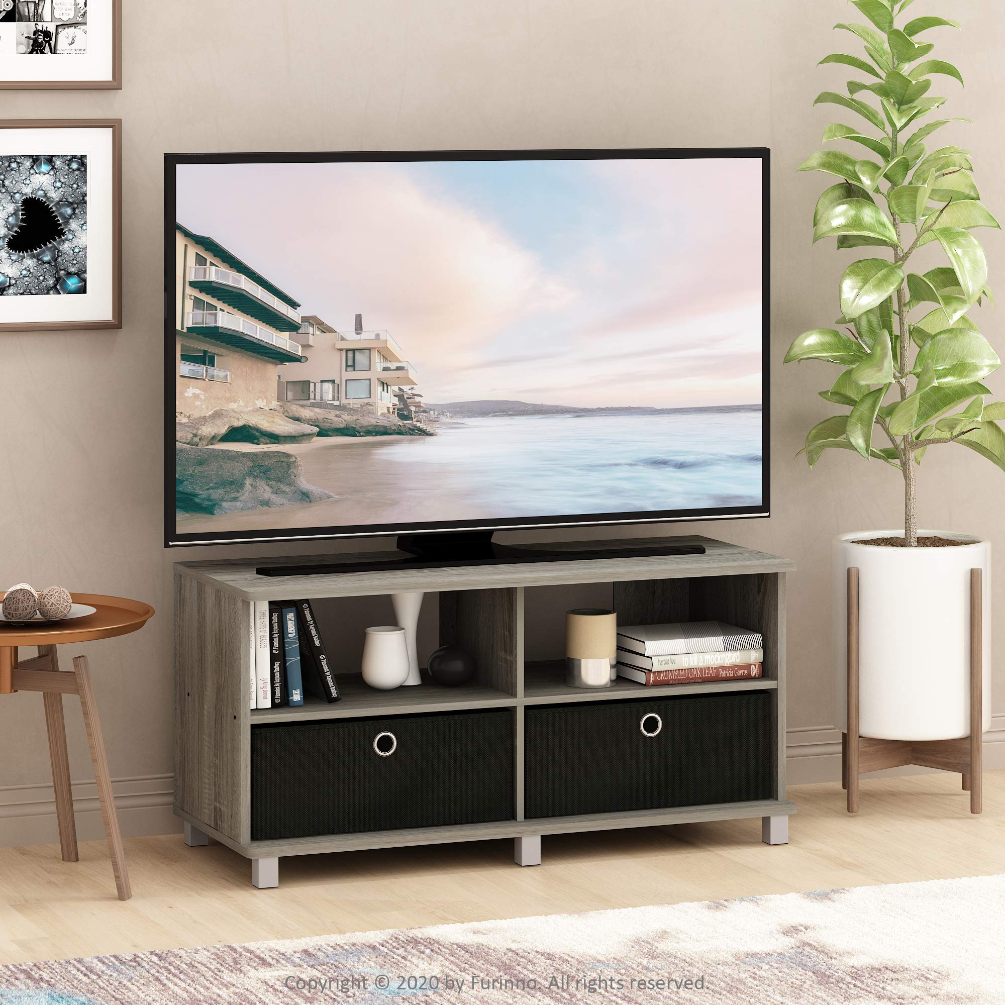 Furinno Andrey Entertainment Center With Bin Drawers, French Oak Grey/Black