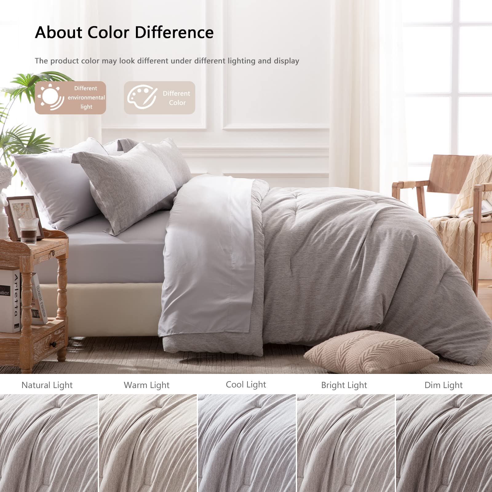 Unilibra King Comforter Set 7 Pieces Bed In A Bag - Grey King Soft Bedding Set For All Seasons - Cationic Dyeing Bed Comforter Sets With Comforter, Flat Sheet, Fitted Sheet, Pillowcases & Shams