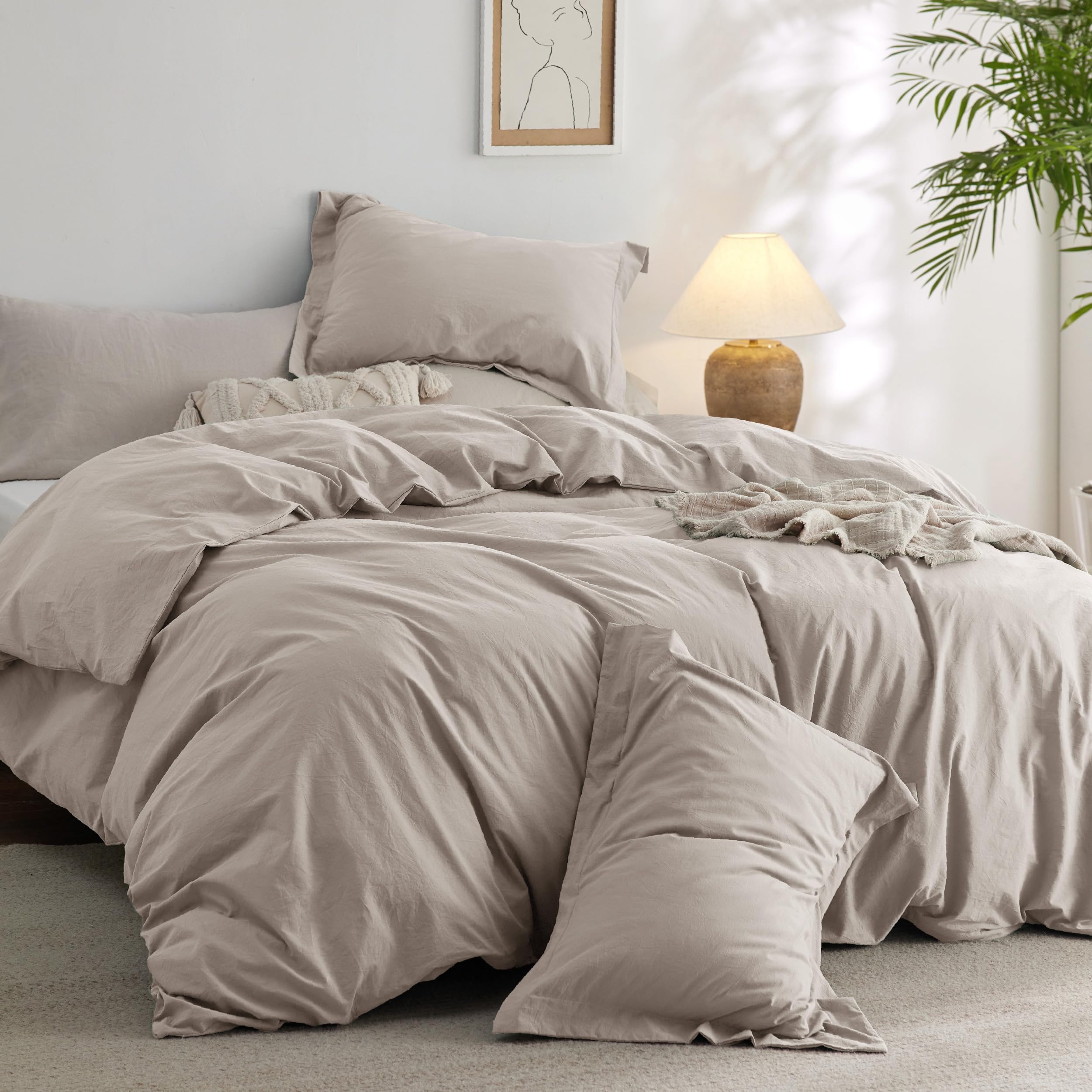 Bedsure 100% Washed Cotton Duvet Cover Queen - Linen Grey Minimalist Cotton Duvet Cover Set Linen Like - 3 Pieces Gentlesoft™ Plain Simple Bedding Set With 2 Pillow Shams (Linen Grey, Queen, 90'X90')