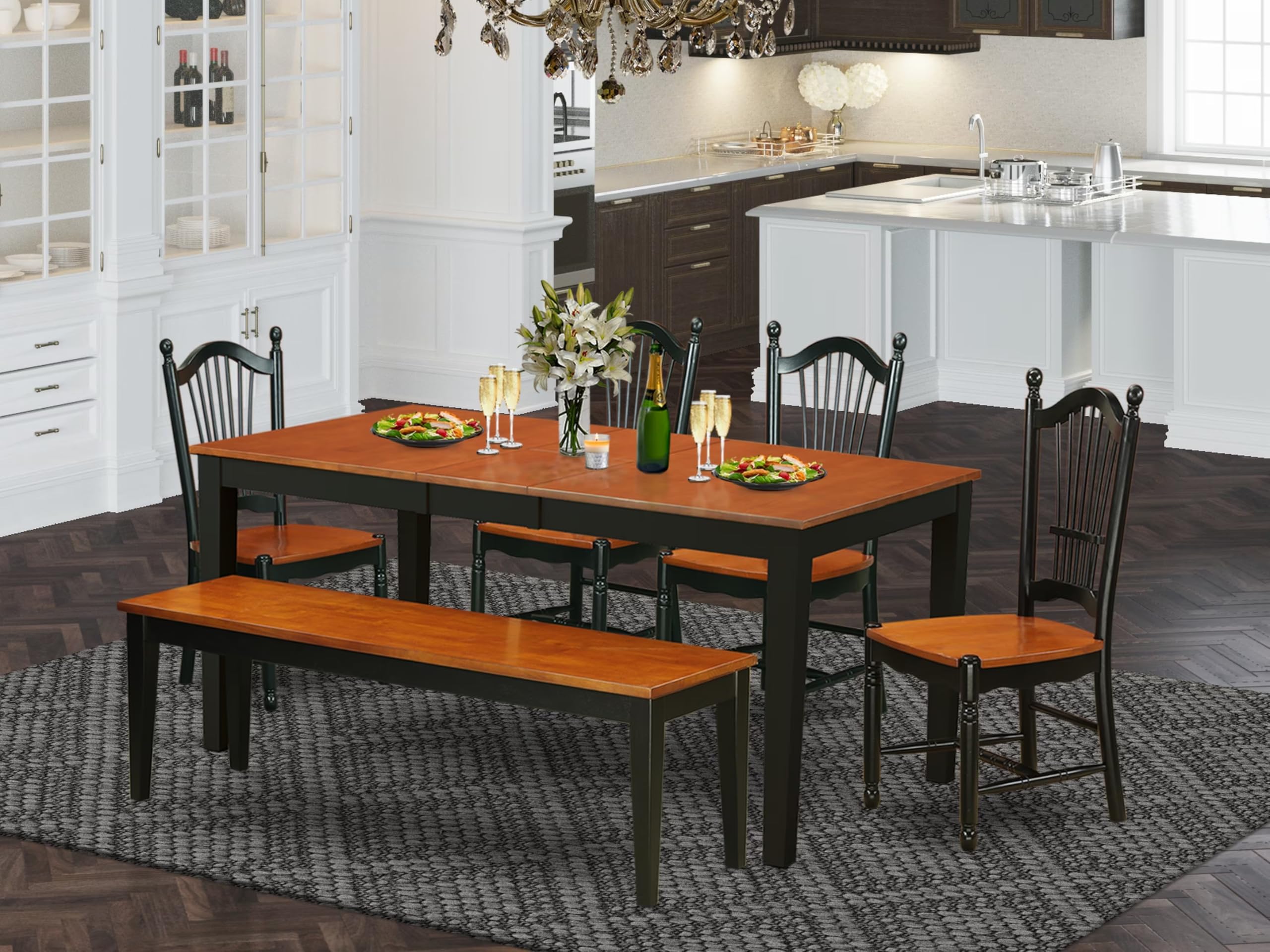 East West Furniture Nido6-Bch-W 6 Piece Dining Set Contains A Rectangle Dining Room Table With Butterfly Leaf And 4 Kitchen Chairs With A Bench, 36X66 Inch, Black & Cherry