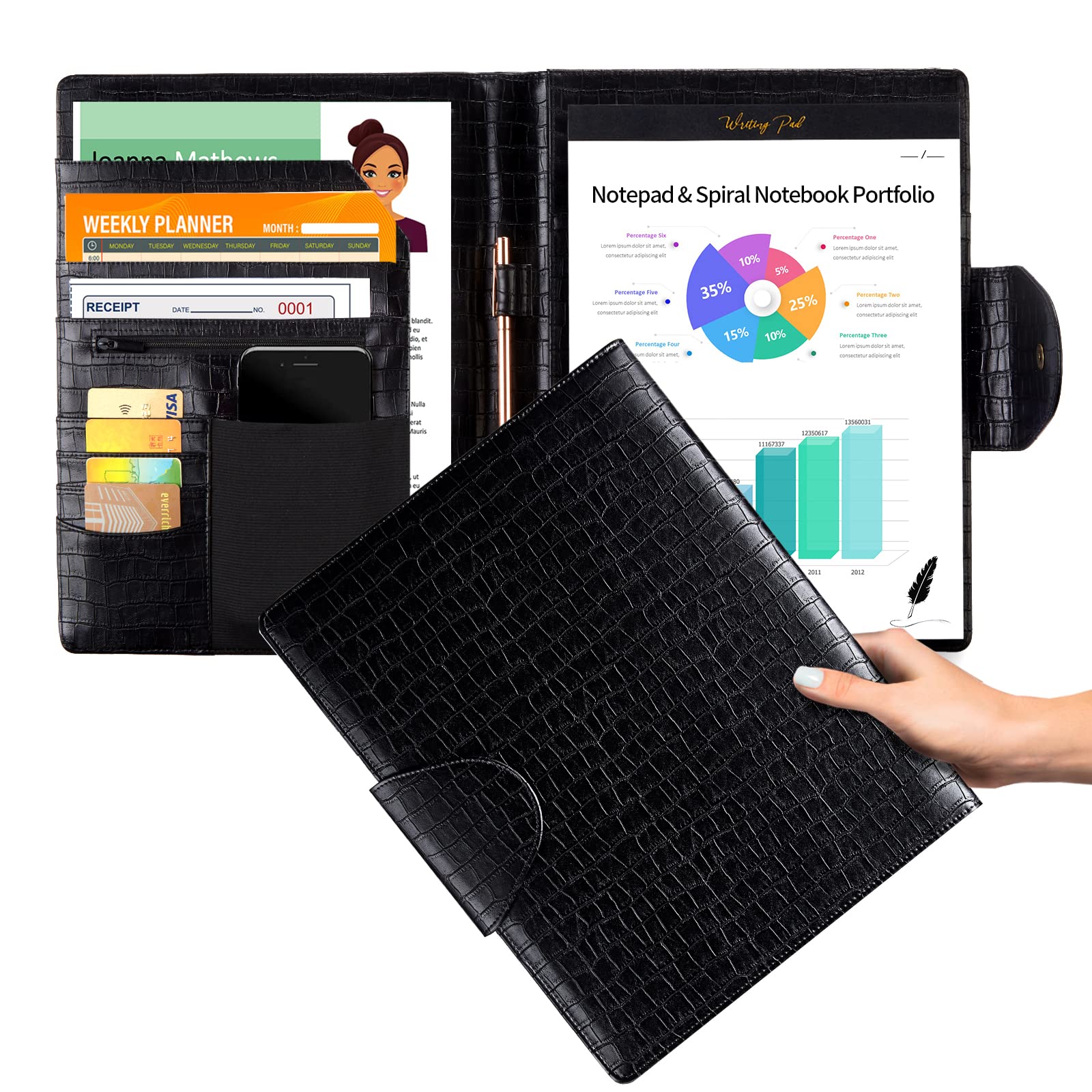 Portfolio Folder Padfolio With Writing-Notepad - Stylish Crocodile Leather Portfolio With Tablet Sleeve, Phone Pocket & Business