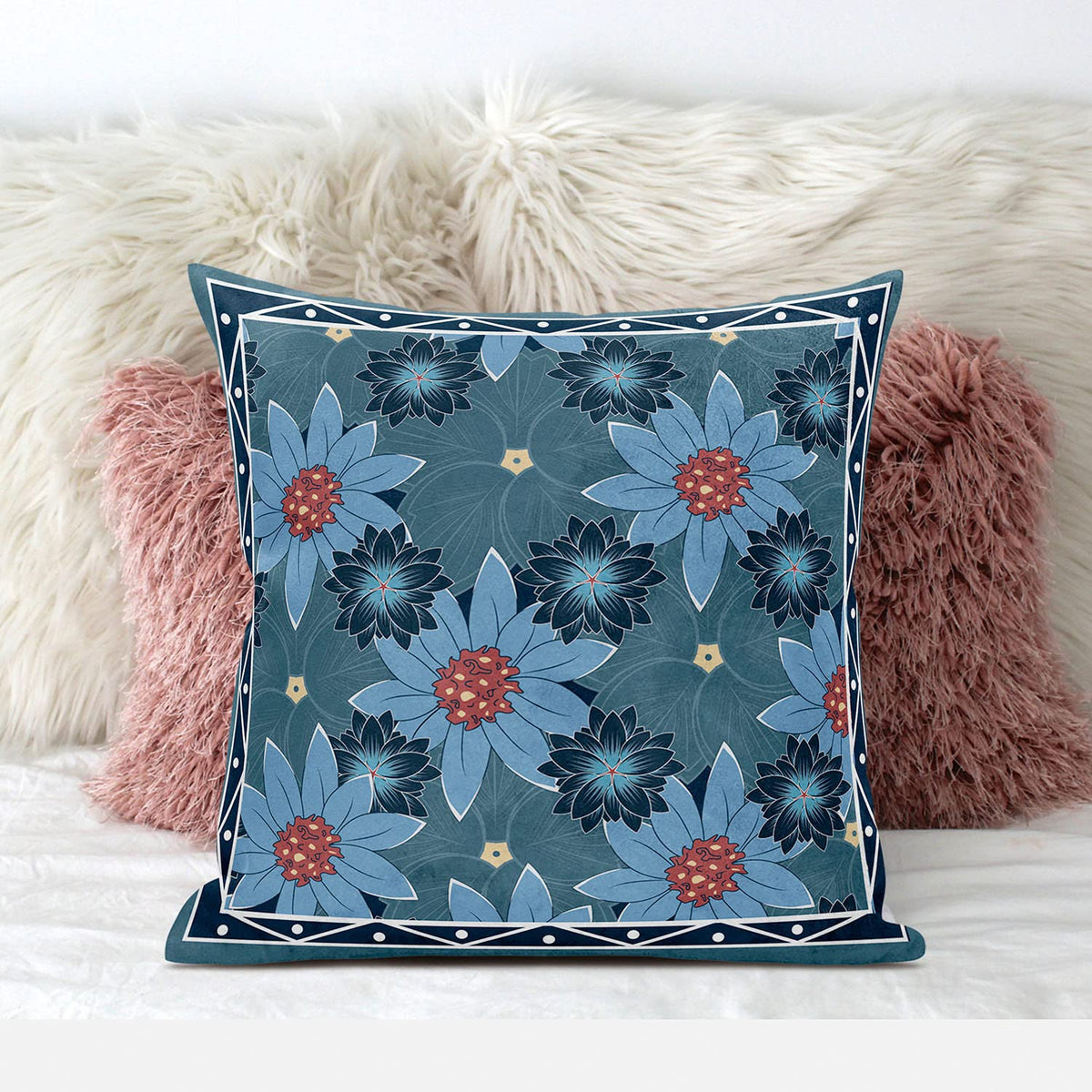 HomeRoots 18x18 Blue Red Blown Seam Broadcloth Floral Throw Pillow