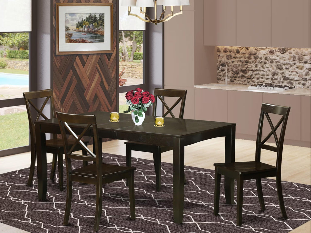 East West Furniture LYBO5-CAP-W Lynfield 5 Piece Dining Set for 4 Includes a Rectangle Kitchen Table with Butterfly Leaf and 4 Dinette Chairs, 36x66 Inch, Cappuccino