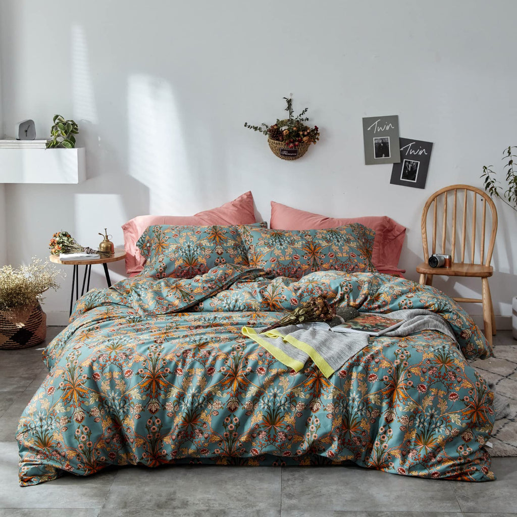Mixinni Vintage Style Garden Flower Queen Duvet Cover With Zipper Closure Soft Long Staple Percale Cotton Vibrant Pattern On Blu