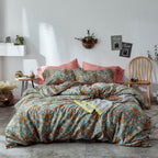 Mixinni Vintage Style Garden Flower Duvet Cover Set With Zipper Closure Long Staple Percale Cotton Yellow Vibrant Pattern On Blu