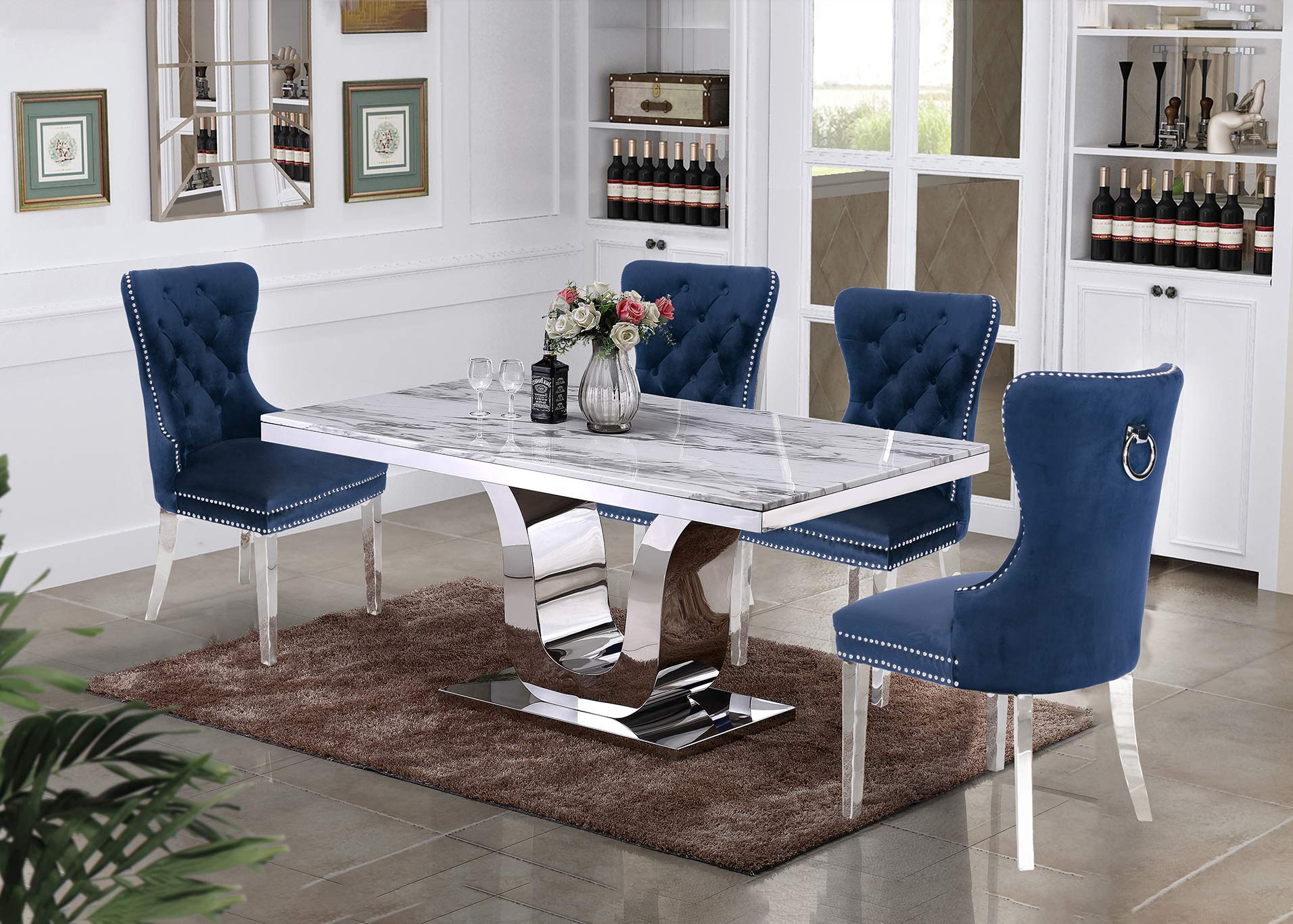 Best Quality Furniture 5Pc Dining Set (1 Table + 4 Chairs), White, Navy Blue