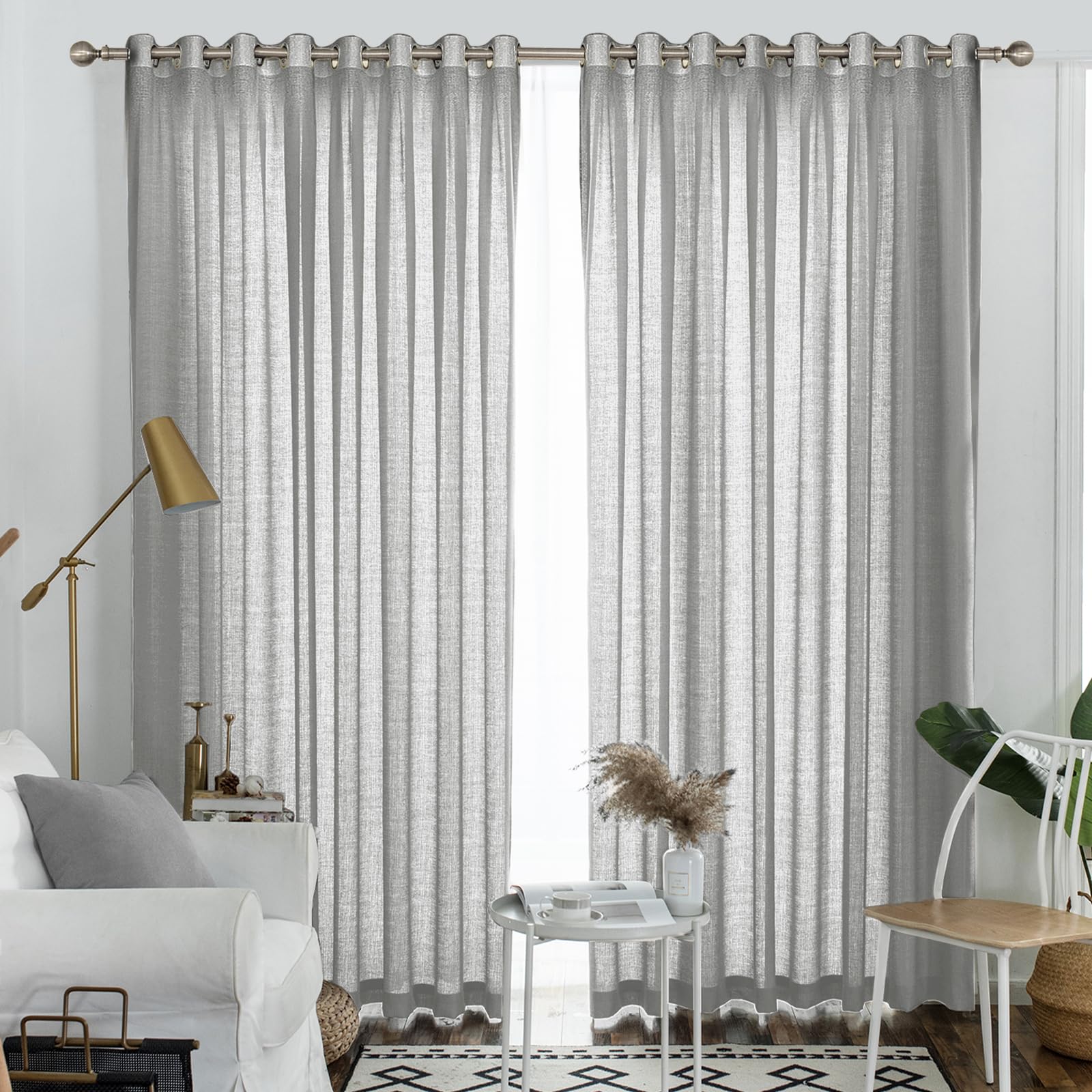 Melodieux Silver Gray Semi Sheer Curtains 108 Inches Long For Living Room Patio Door, Extra Long Bedroom Linen Look Rustic Gromm