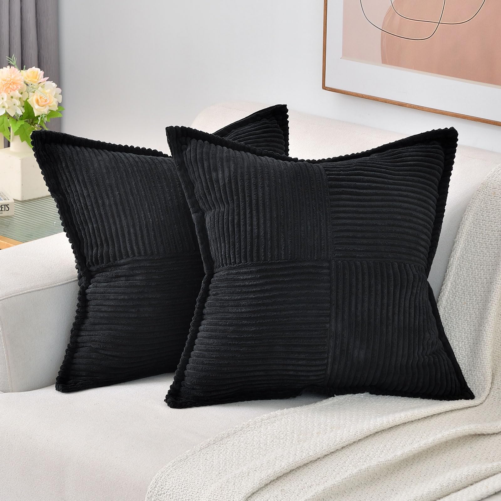 Haussy Black Throw Pillow Covers 20X20 Inch Set Of 2,Soft Solid Corduroy Striped/Wide Bordered,Square Decorative Cushion Case,Wi