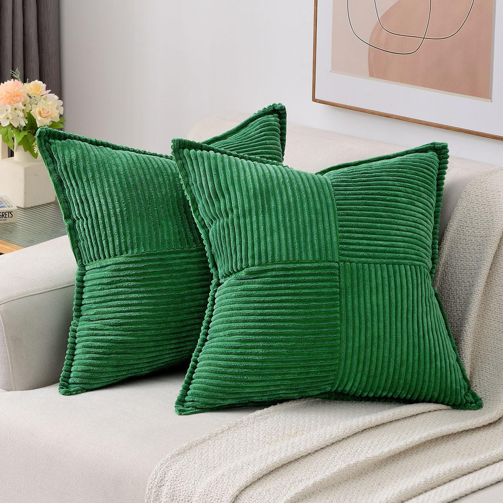 Haussy Emerald Green Throw Pillow Covers 16X16 Inch Set Of 2,Soft Solid Corduroy Striped/Wide Bordered,Square Decorative Cushion
