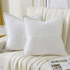 Haussy Pure White Throw Pillow Covers 16X16 Inch Set Of 2,Soft Solid Corduroy Striped/Wide Bordered,Square Decorative Cushion Ca