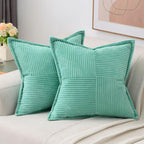 Haussy Turquoise Small Throw Pillow Covers 12X12 Inch Set Of 2,Soft Solid Corduroy Striped/Wide Bordered,Square Decorative Cushi