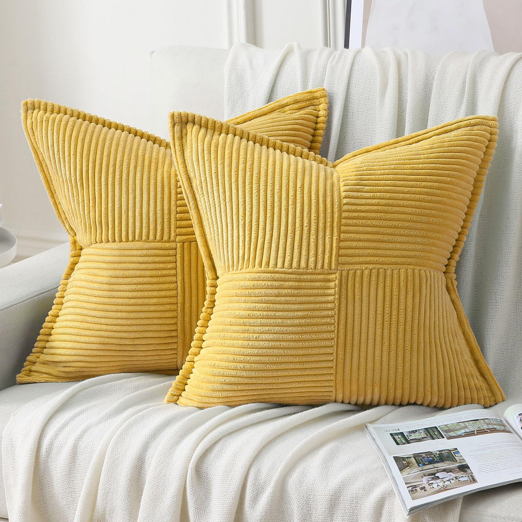 Haussy Mustard Yellow Large Decorative Throw Pillow Covers 26X26 Inch Set Of 2,Soft Solid Corduroy Striped Cushion Case,Square E